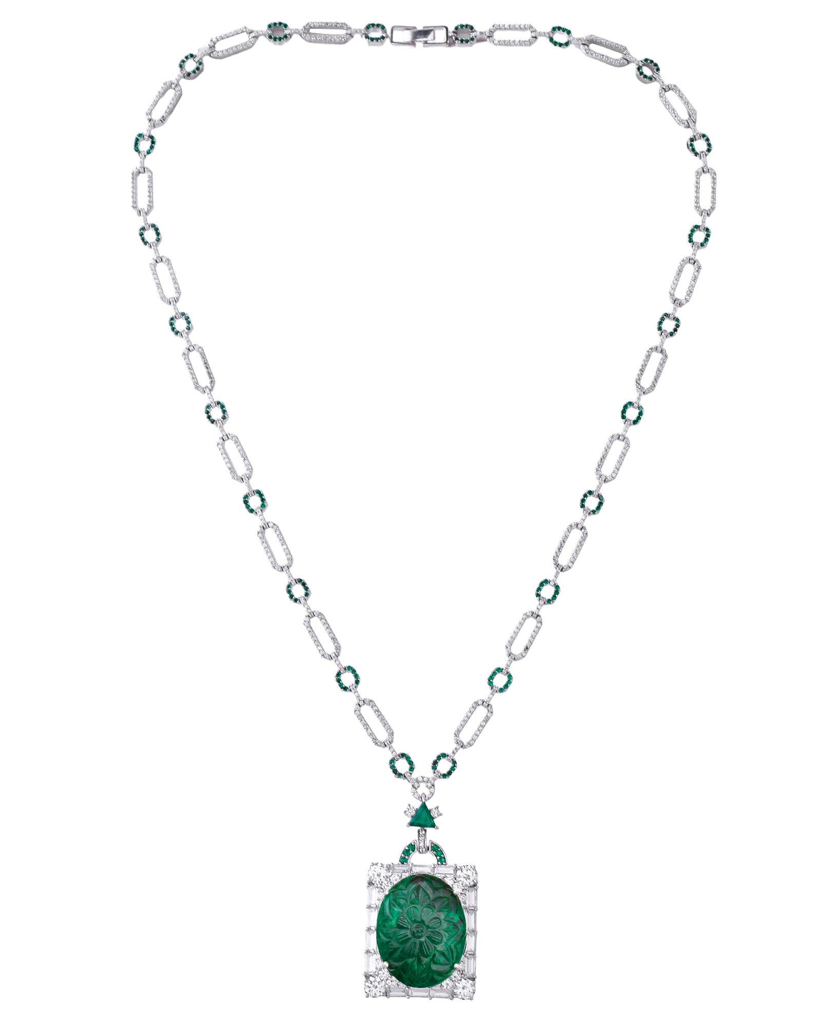 Designer Long Green Stone Carving Sterling Silver Necklace