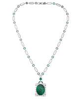 Designer Long Green Stone Carving Sterling Silver Necklace