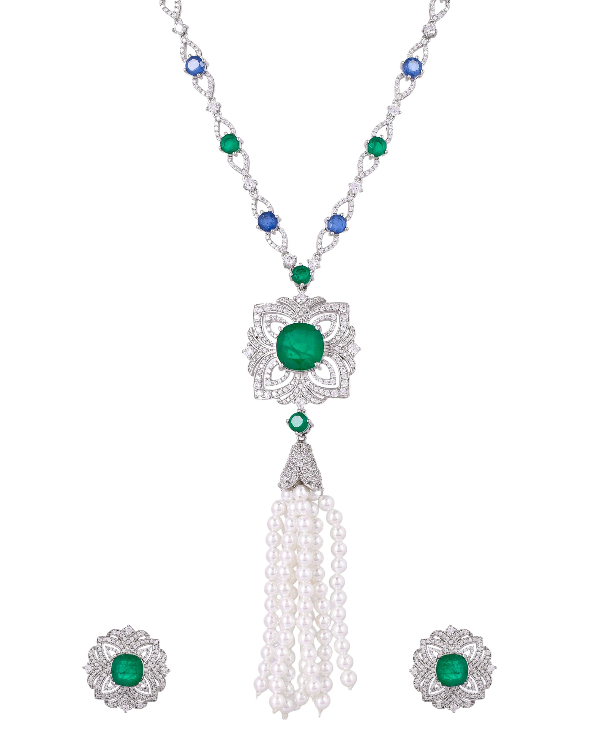 Classic Green Emerald Cut Stone Sterling Silver Necklace