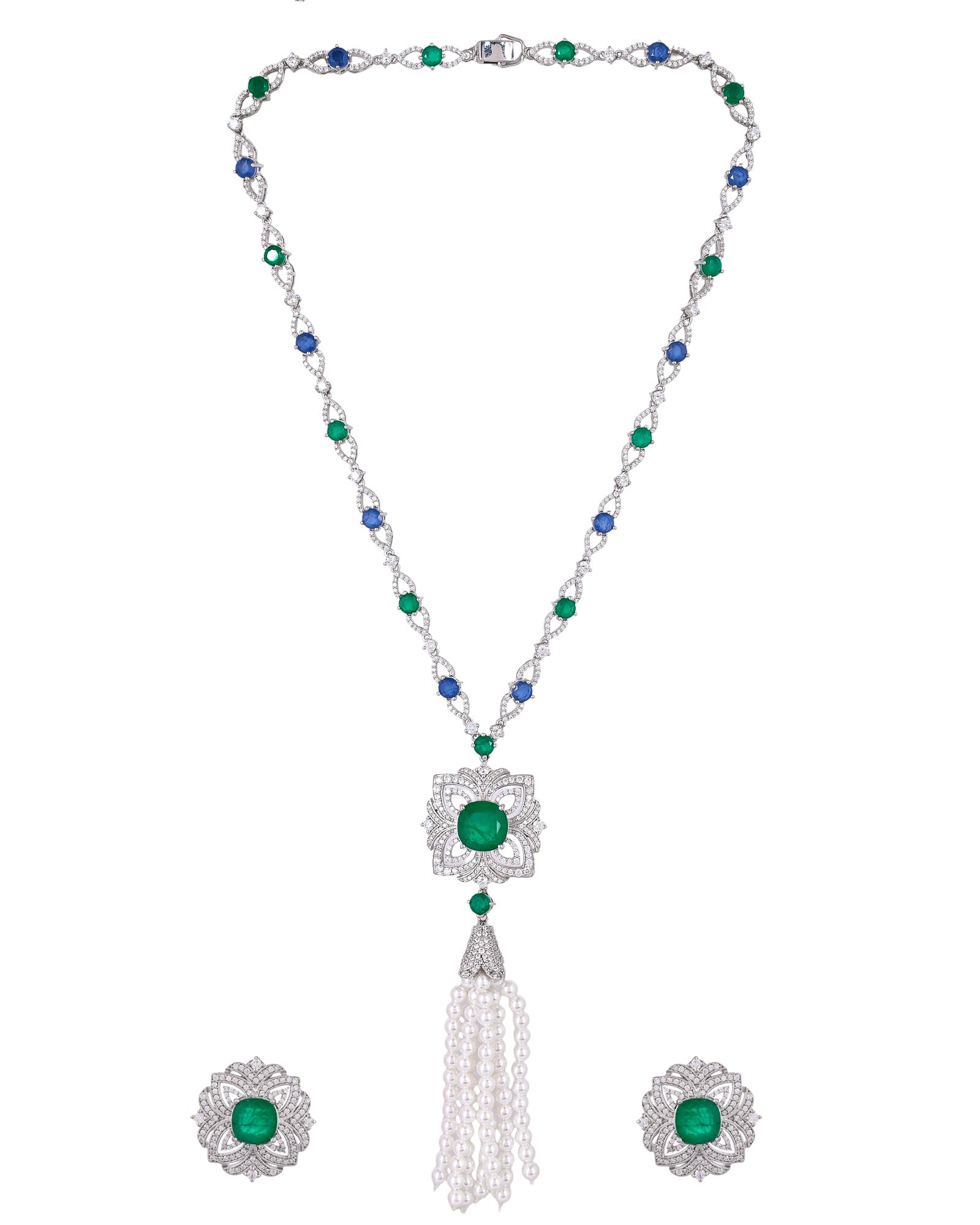 Classic Green Emerald Cut Stone Sterling Silver Necklace