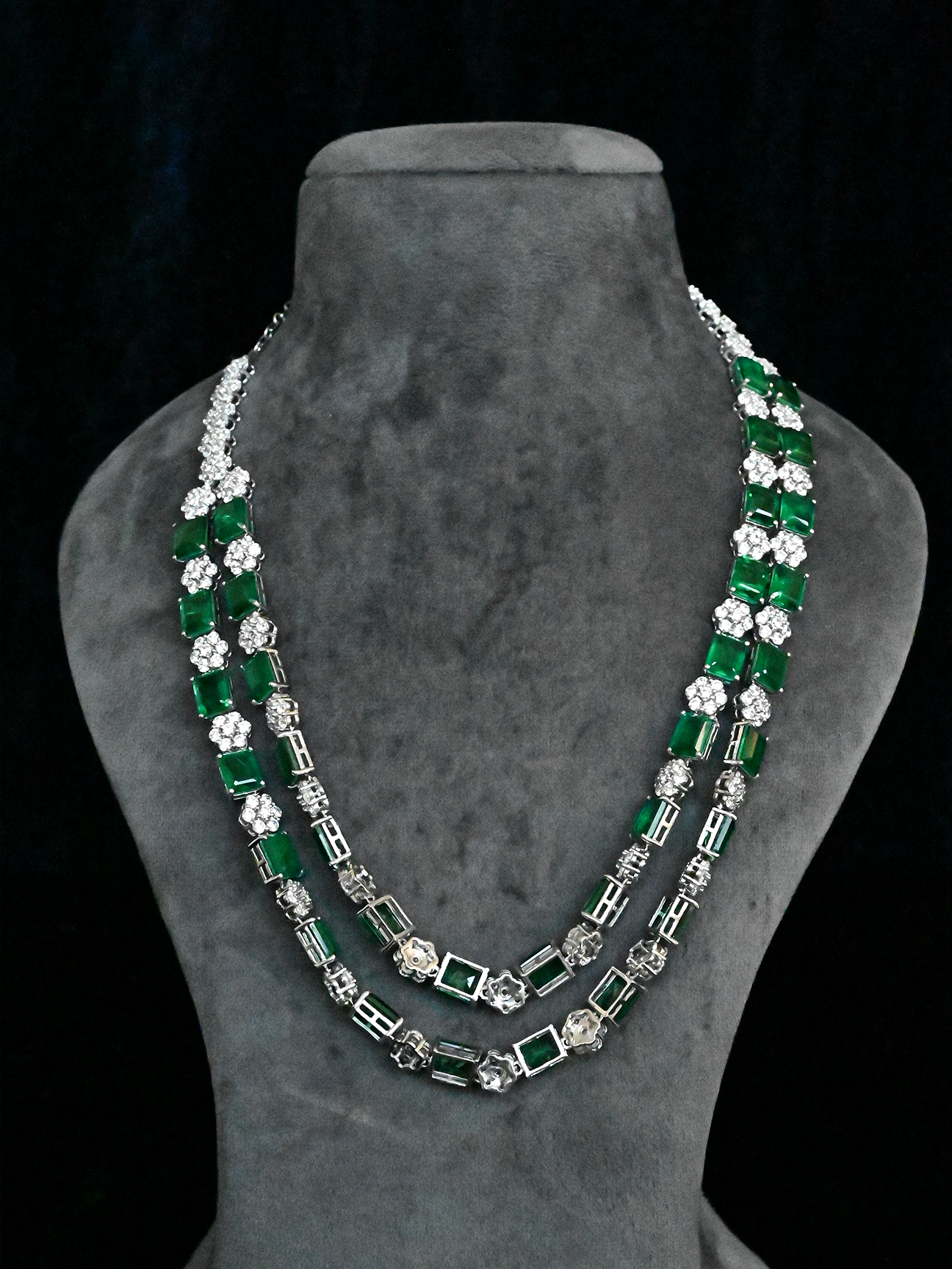 Emerald Stone Classy Two Line Sterling Silver Necklace