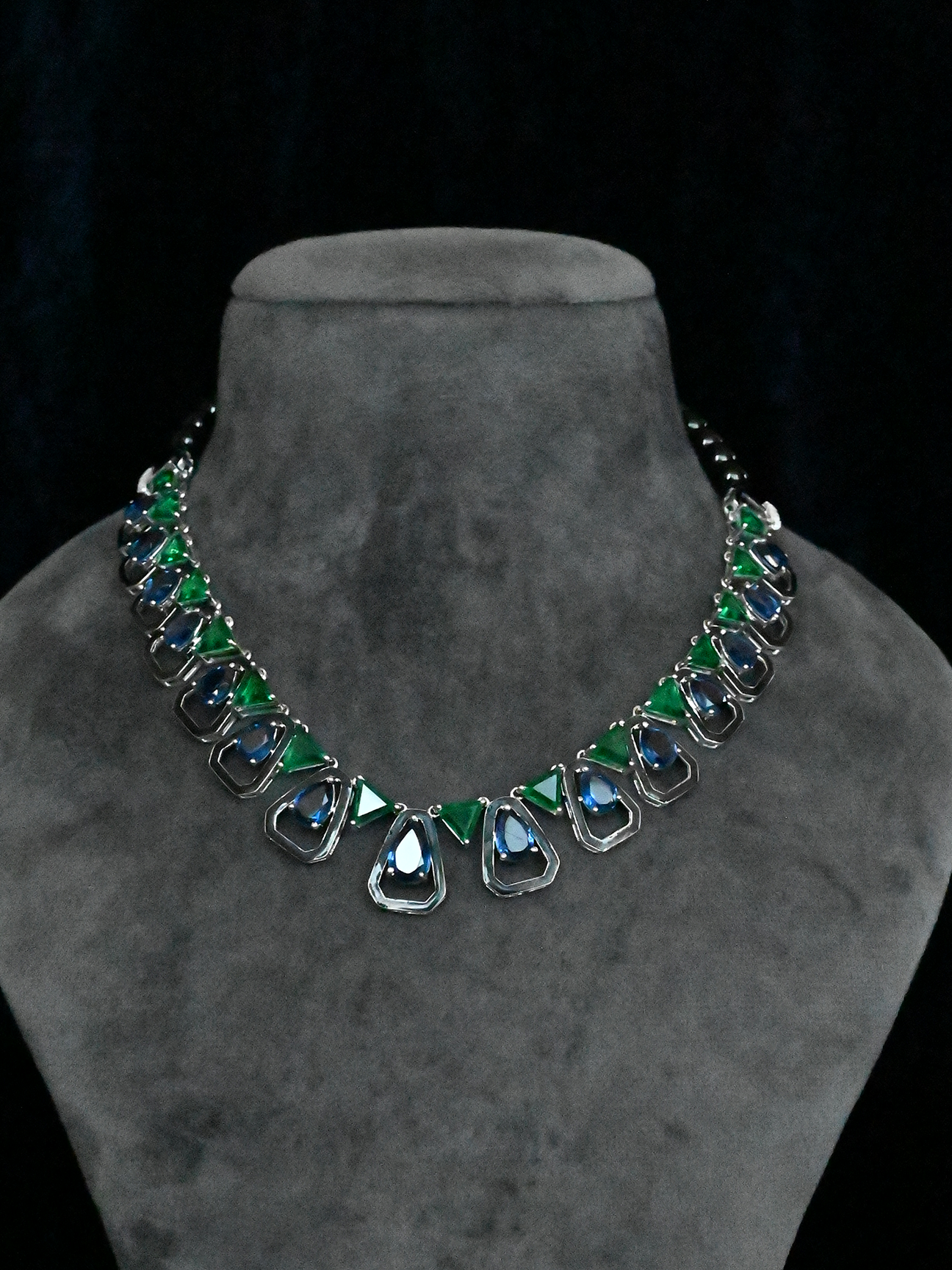 Art Deco Emerald and Sapphire with Black Enamel Sterling Silver Necklace