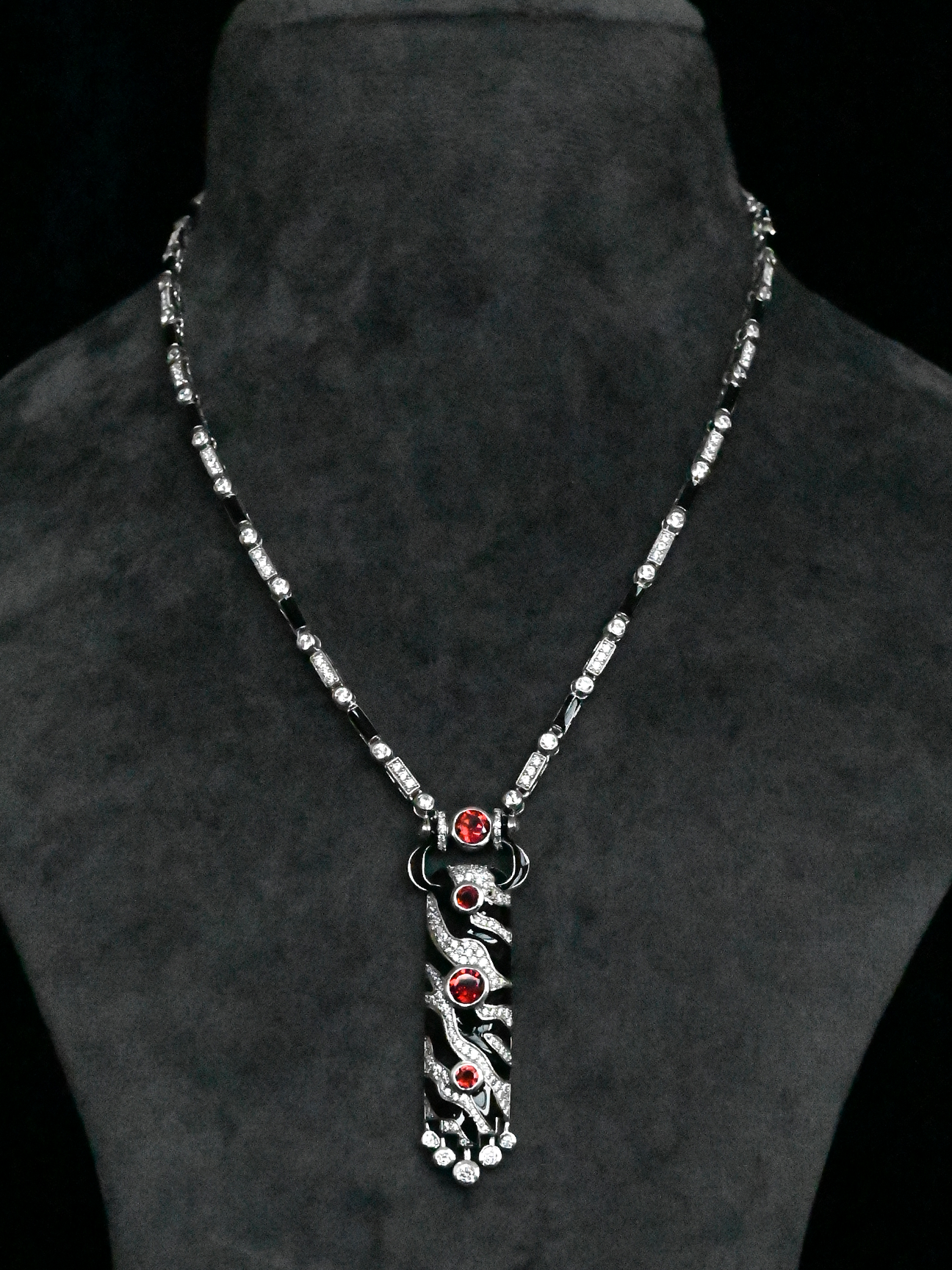 Art Deco Black Enamel Red Stone Sterling Silver Necklace