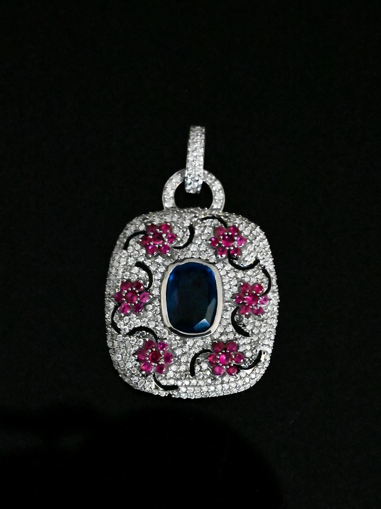 Floral Designer Sapphire Center Sterling Silver Necklace