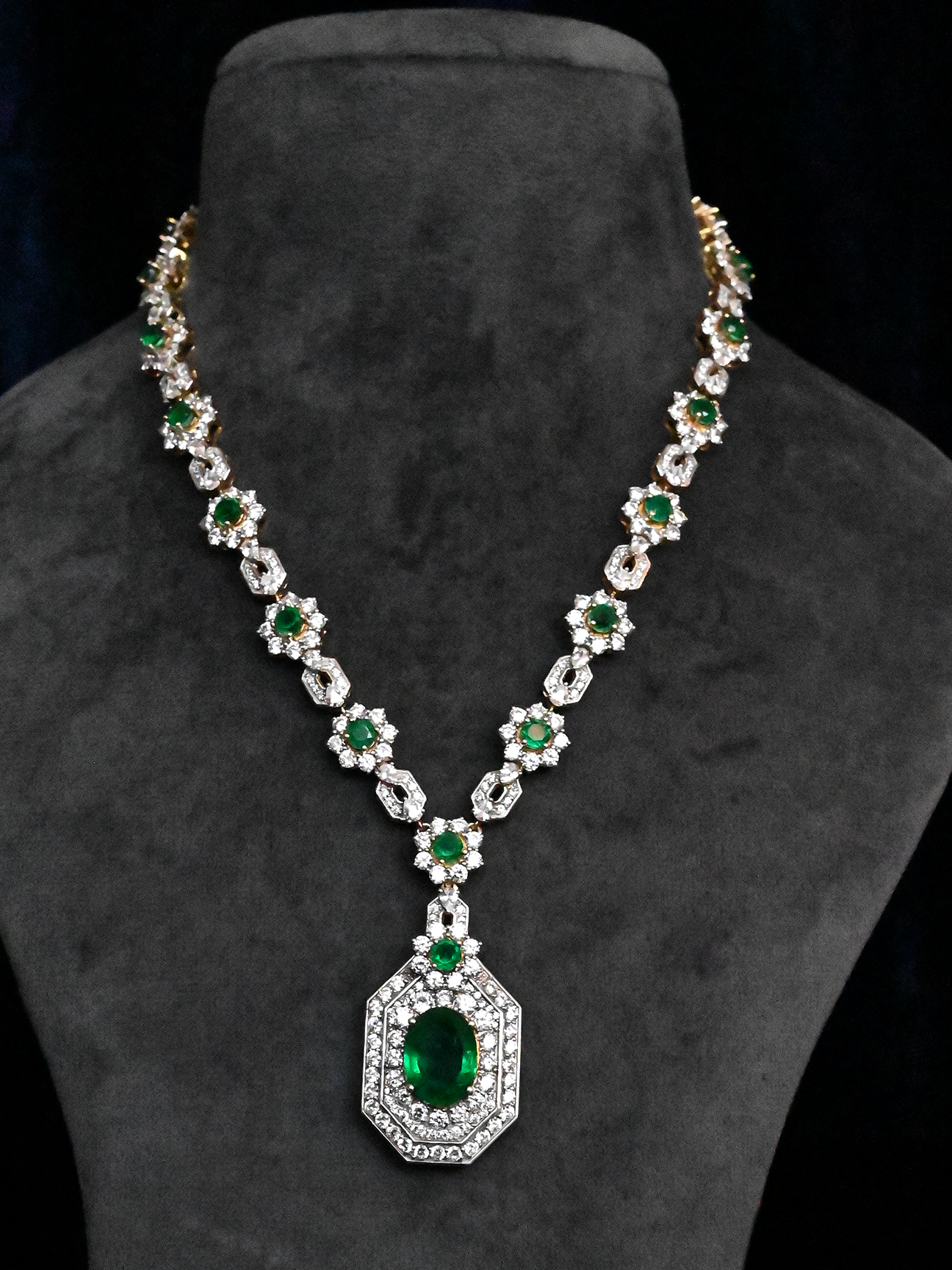 Traditional Classic Two Tone Plated Emerald Studded Sterling Silver Necklace