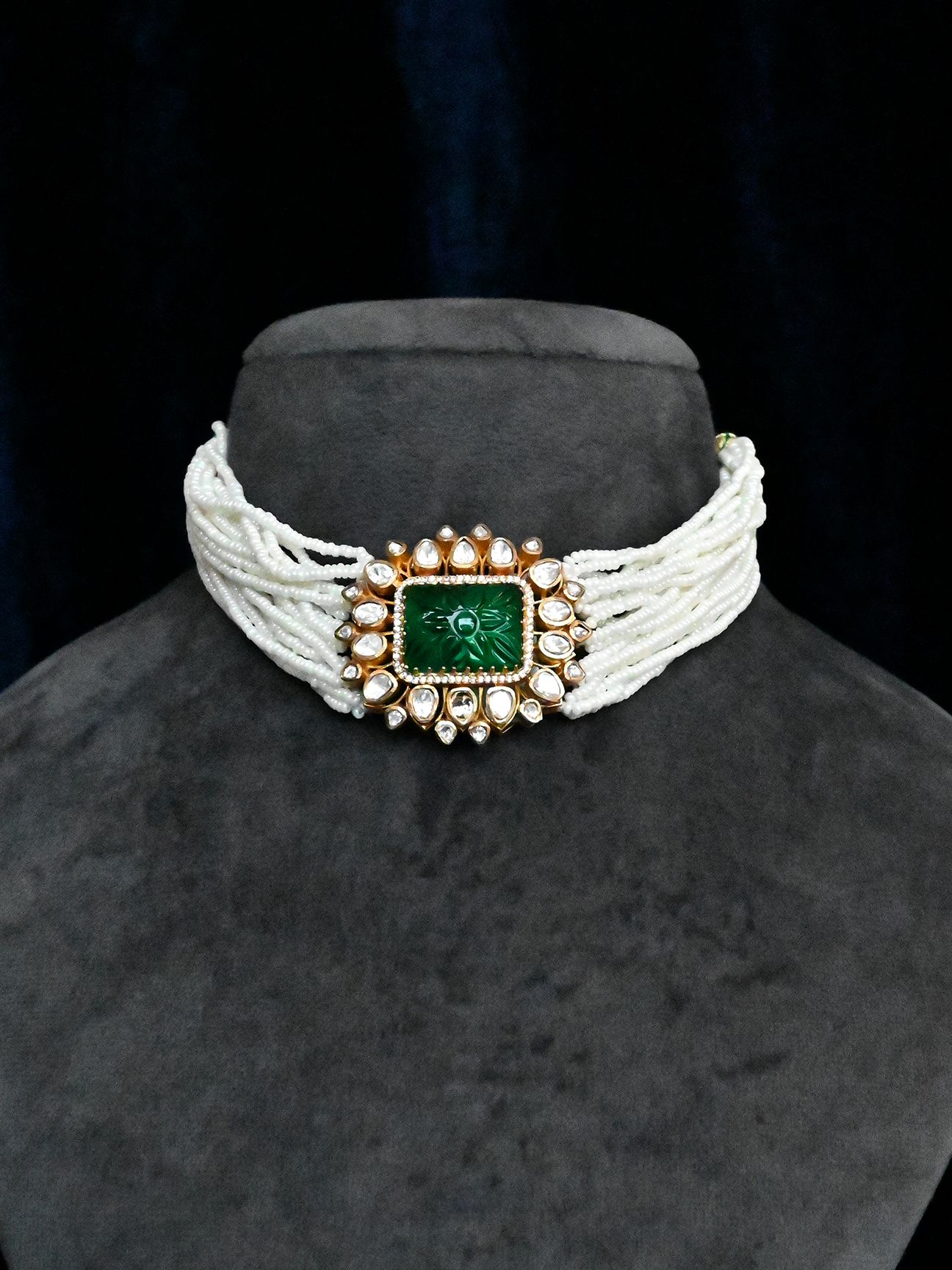 Classic Kundan Polki Carving Emerald Gold Plated Sterling Silver Choker Necklace
