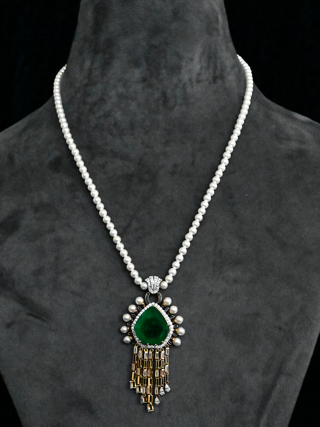 Designer Fancy Emerald and Pearls Gold Plated Sterling Silver Necklace