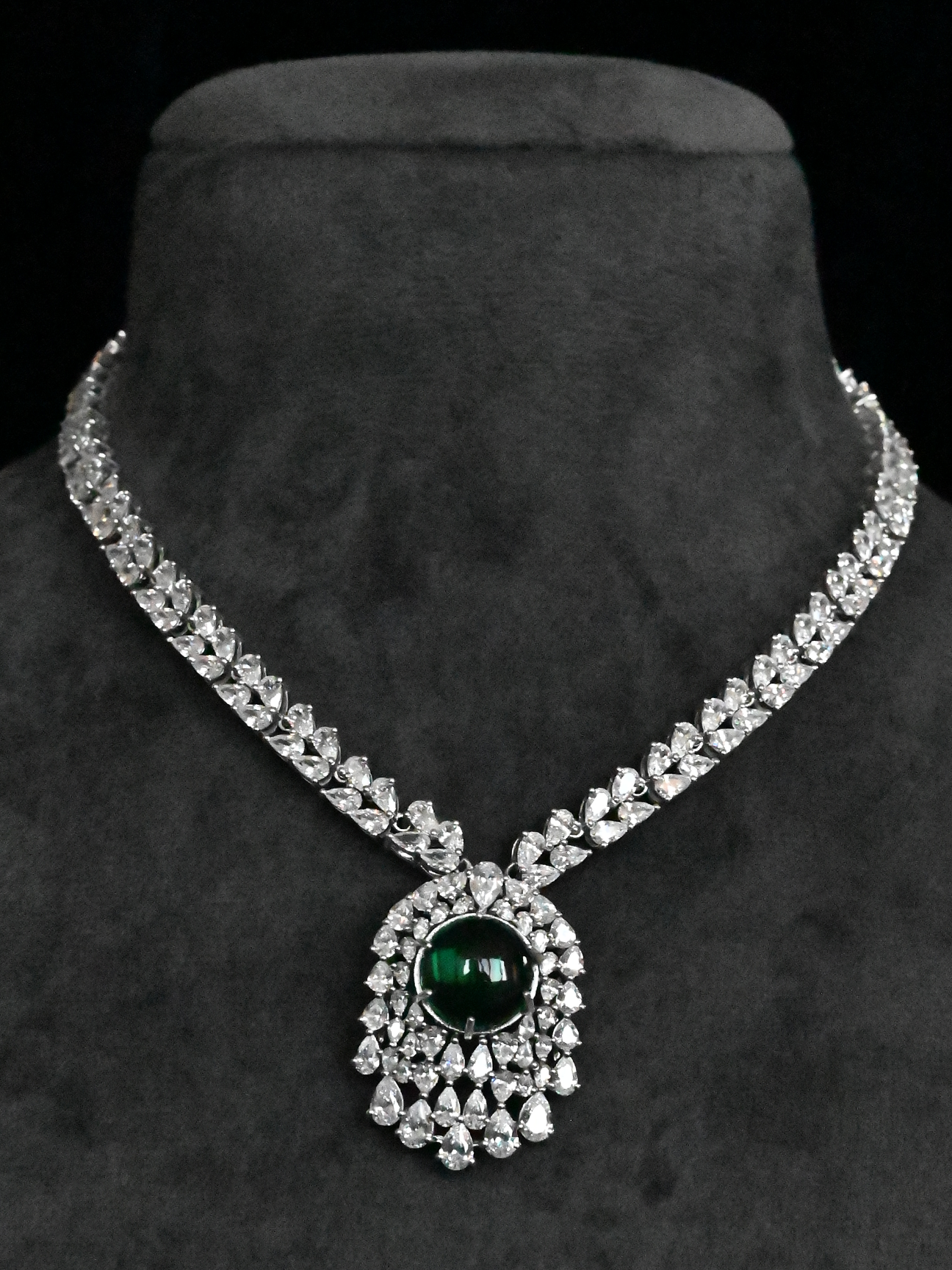 Diamond Style Green Stone and Fancy White Stone Sterling Silver Necklace