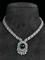 Diamond Style Green Stone and Fancy White Stone Sterling Silver Necklace