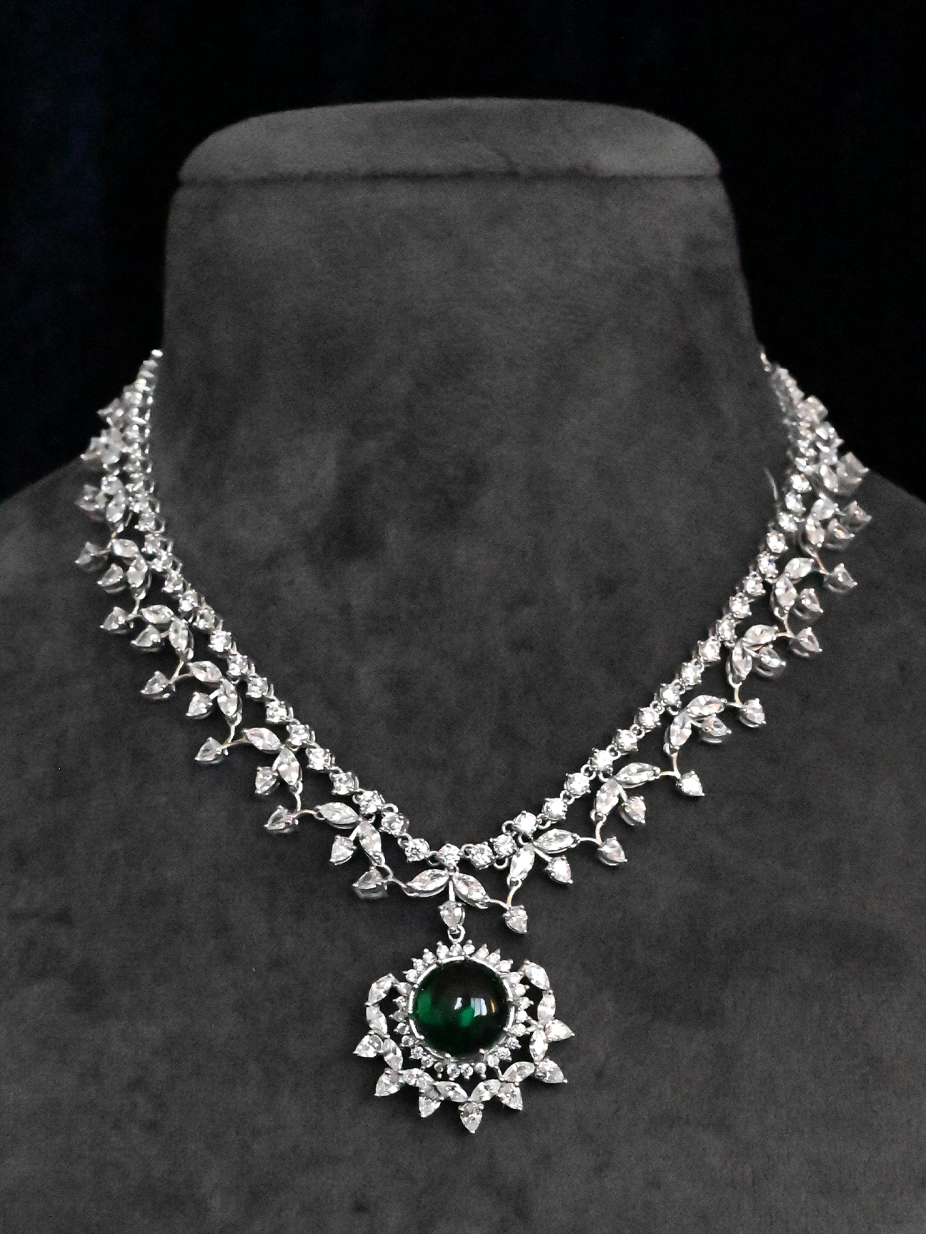 Designer Green Stone Studded Diamond Style Sterling Silver Necklace