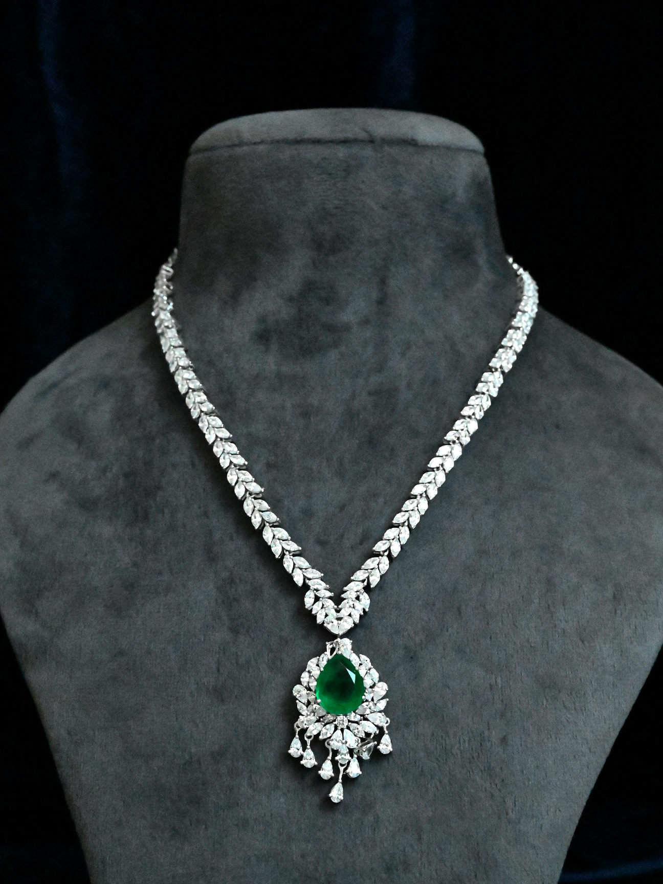 Designer Emerald Studded Sterling Silver Necklace