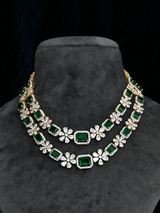 Classic Two Line Emerald Green Stone Two Tone Gold Plated Sterling Silver Necklace