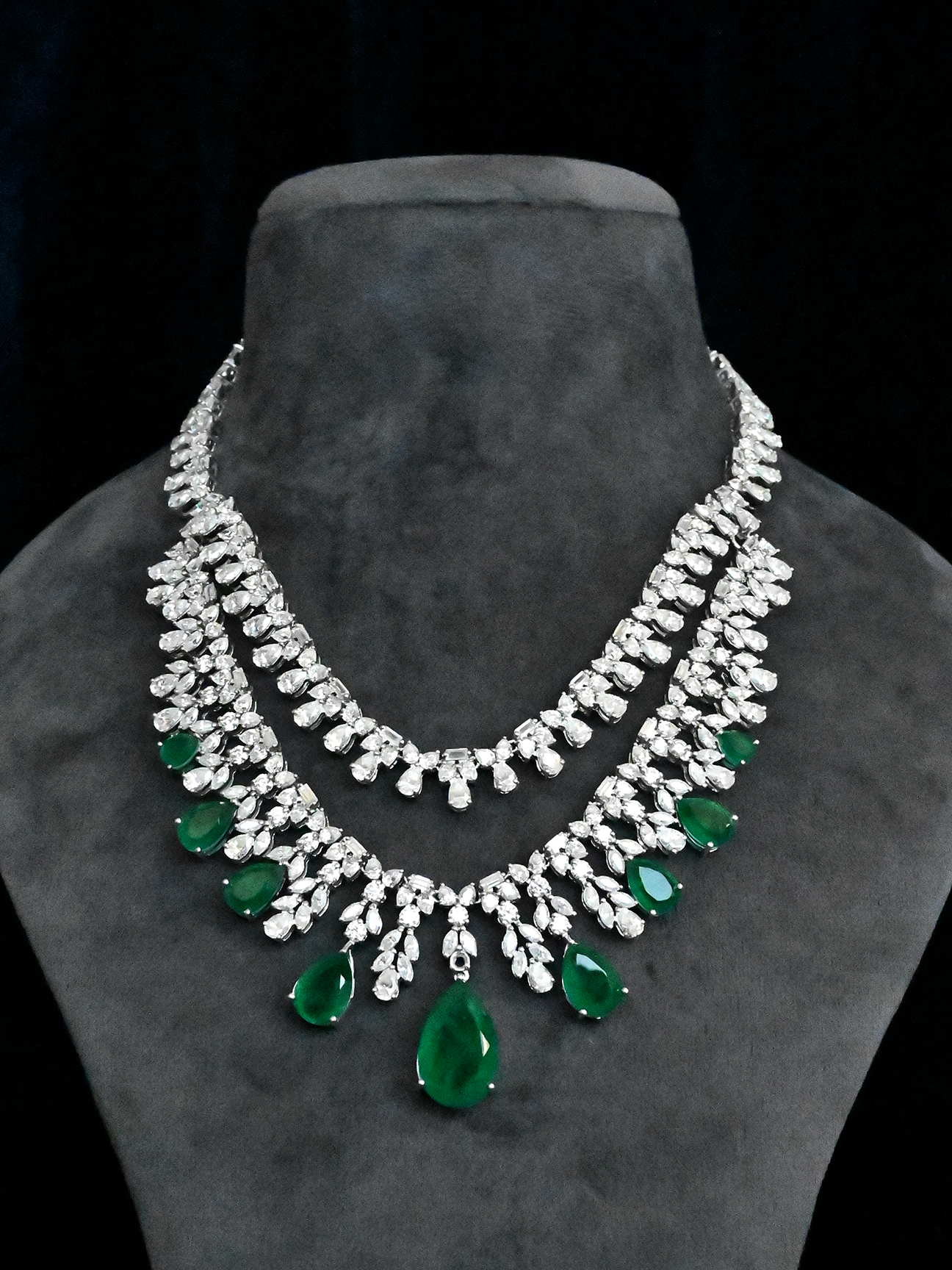 High End Designer Mossianite and Emerald Sterling Silver Necklace