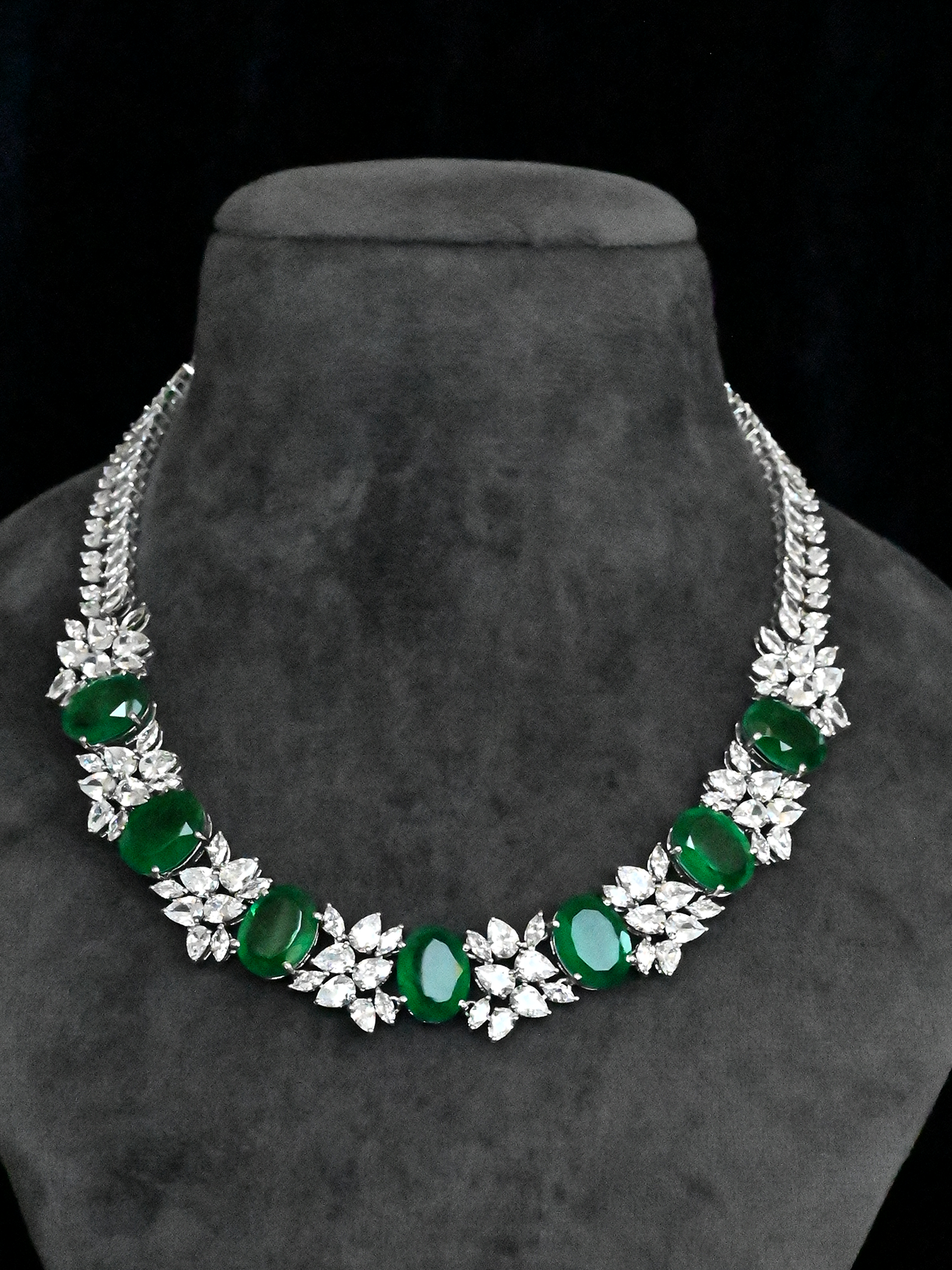Floral Designer Emerald Studded Sterling Silver Necklace