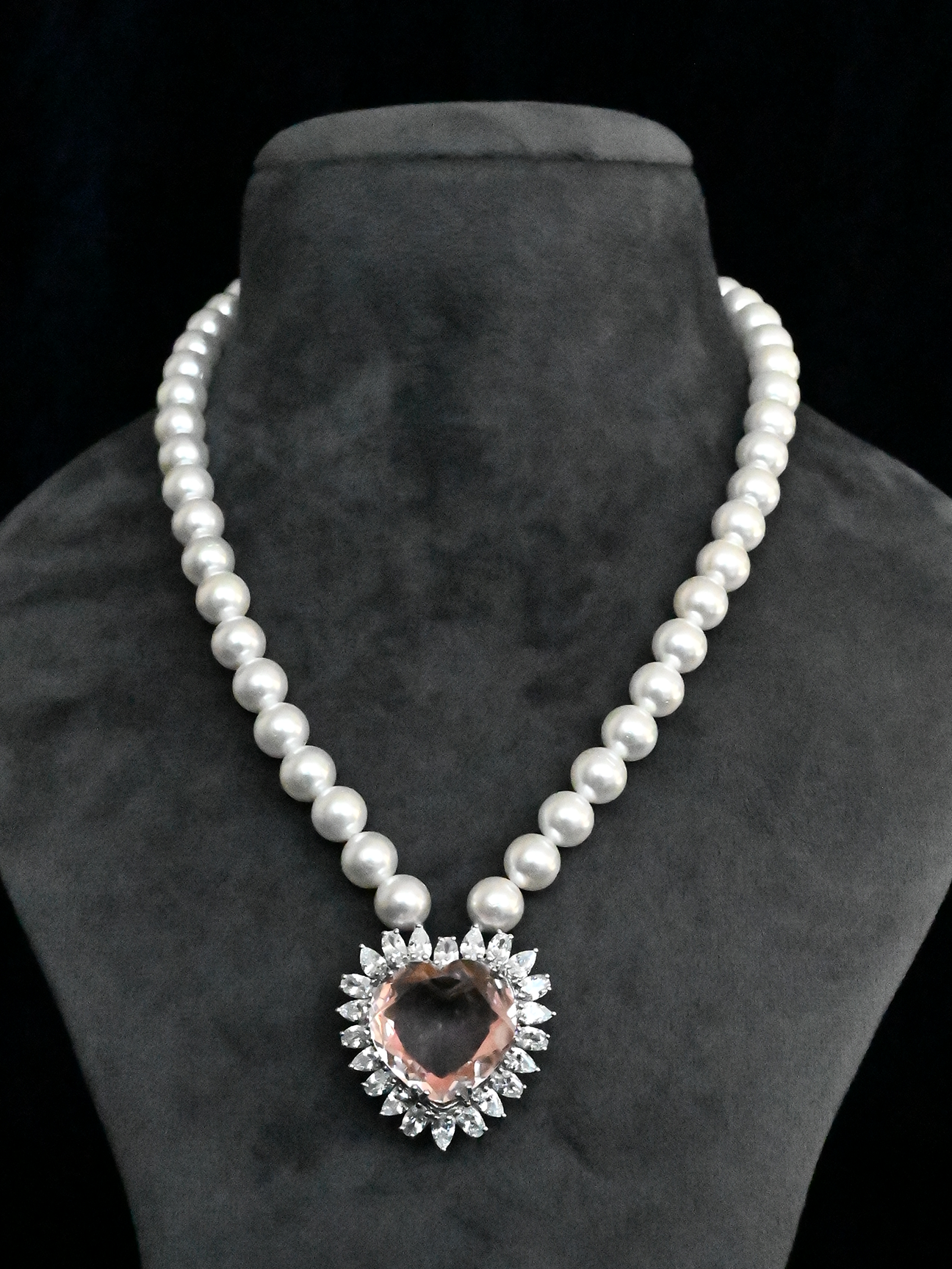 Peach Morganite Heart and Pearl Sterling Silver Necklace