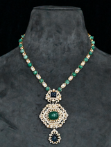 Emerald and Sapphire Carving Kundan Polki Gold Plated Sterling Silver Necklace