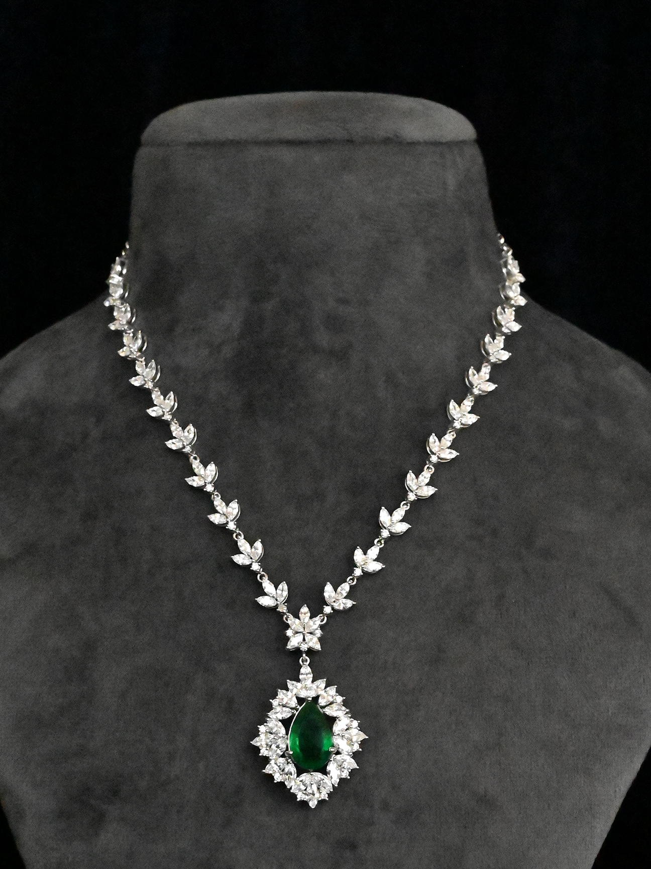 Floral Designer Emerald Studded Sterling Silver Necklace