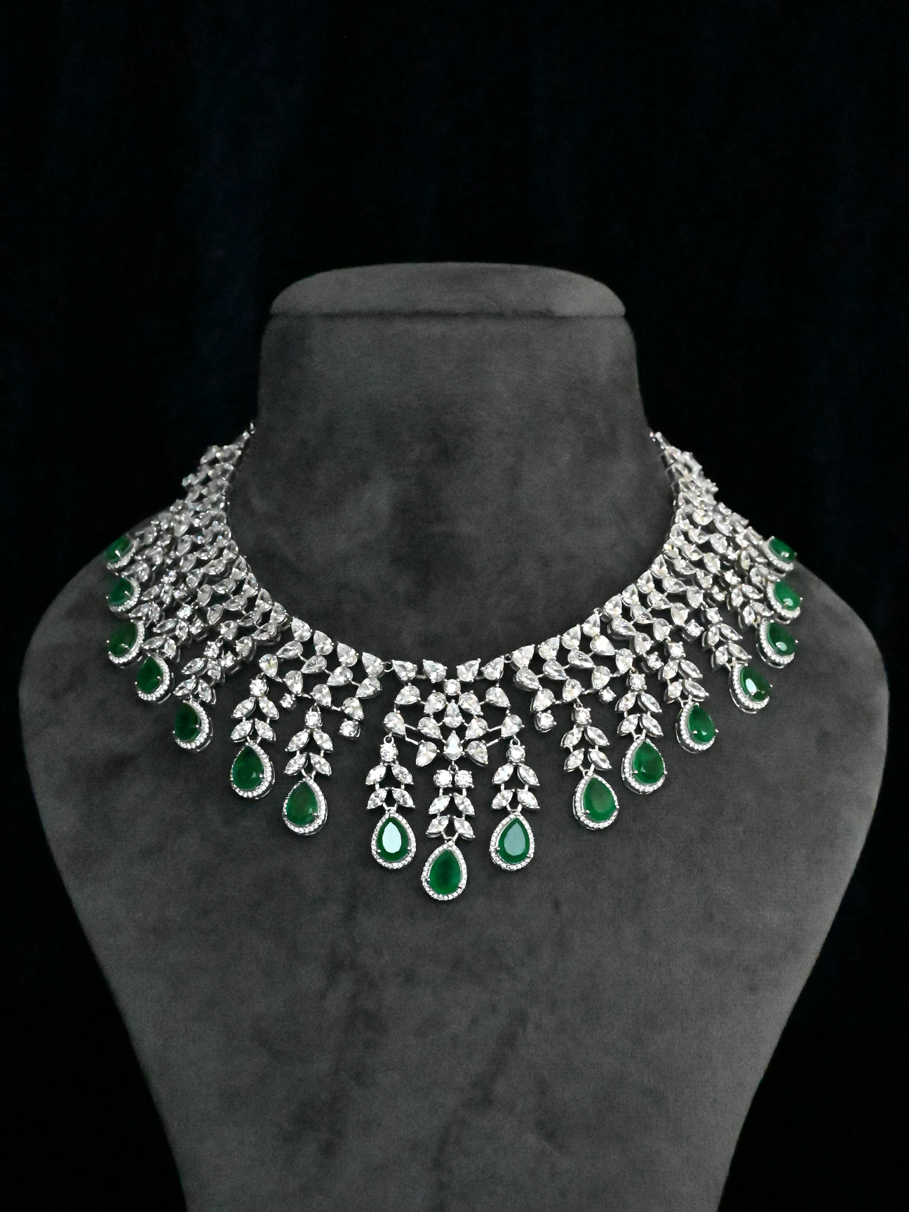 Floral Designer Emerald Pear Studded Sterling Silver Necklace