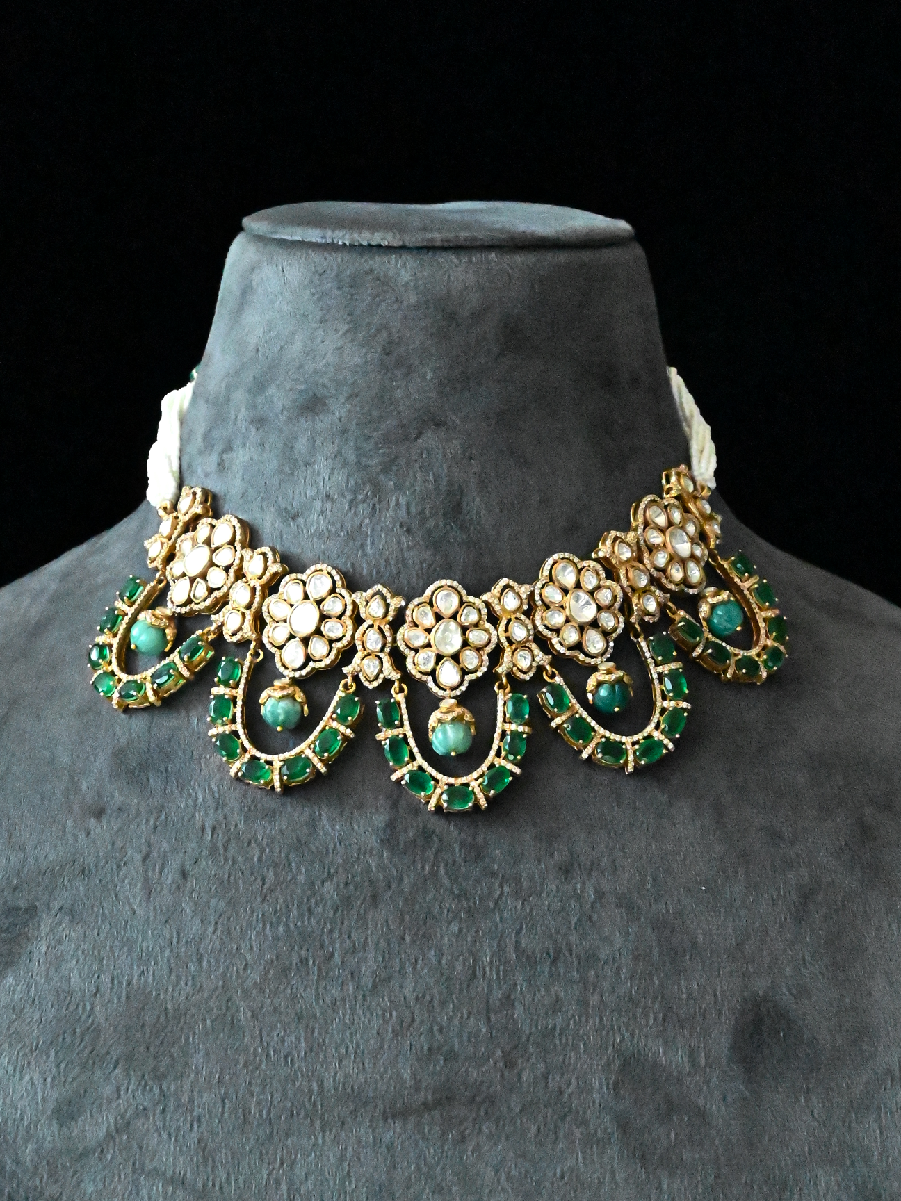 Traditional Kundan Polki and Emeralds Gold Plated Sterling Silver Necklace