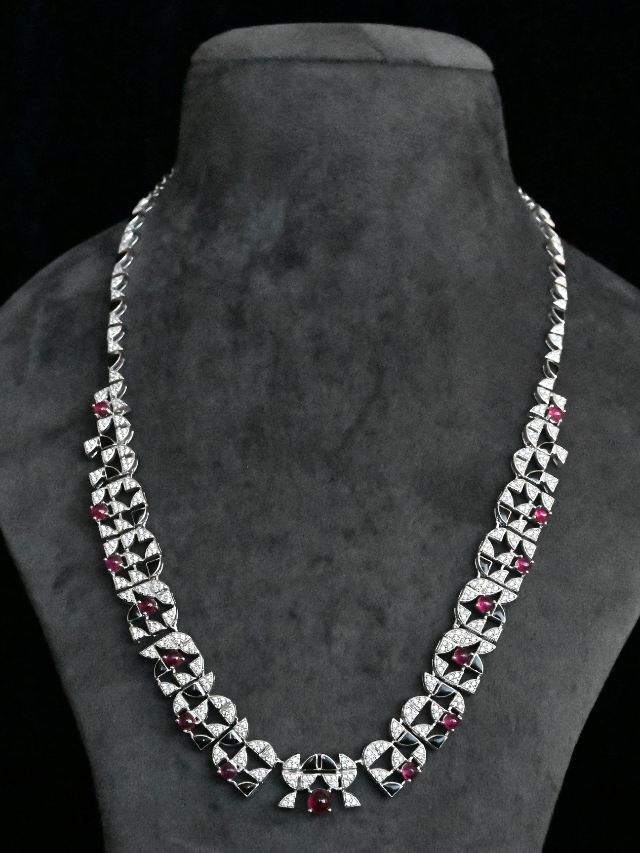 Designer Ruby and Black Enamel Stering Silver Necklace