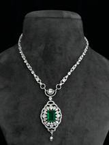 Light Weighted Diamond Style Emerald Studded Sterling Silver Necklace