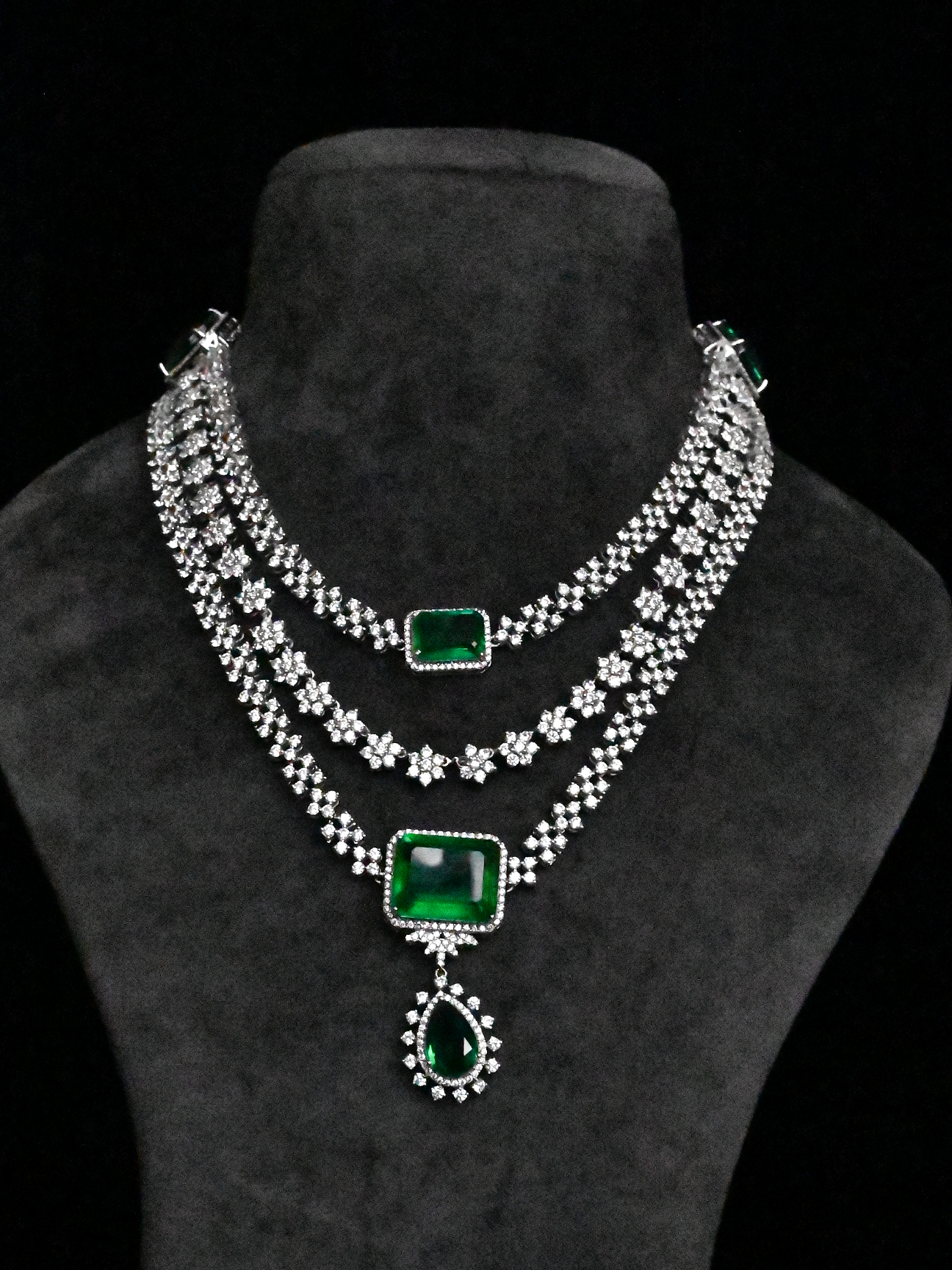 High End Emerald and Diamond Three Line Sterling SIlver Necklace