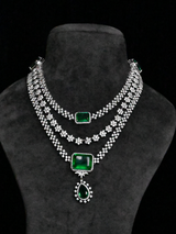 High End Emerald and Diamond Three Line Sterling SIlver Necklace