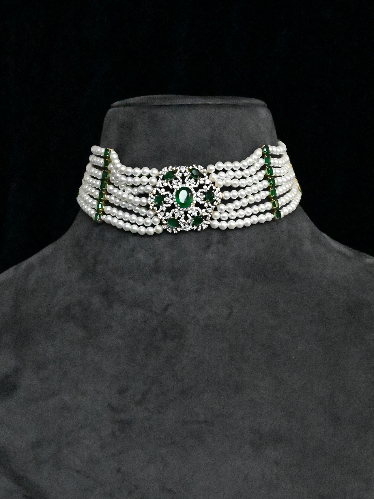 Floral Designer Emerald and Beaded Two Tone Gold Plated Sterling Silver Choker Necklace