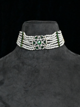 Floral Designer Emerald and Beaded Two Tone Gold Plated Sterling Silver Choker Necklace