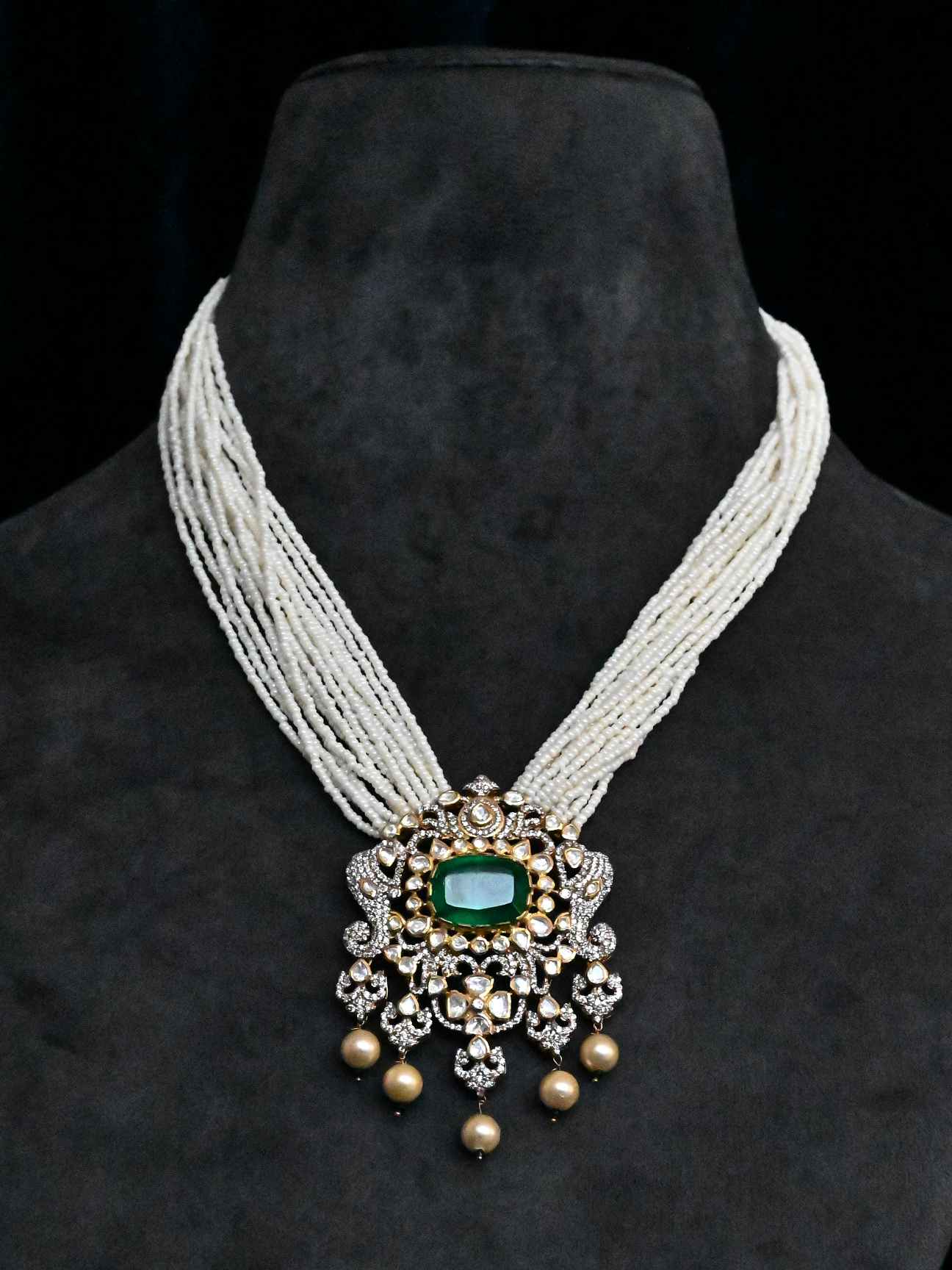 Elephant Designer and Emerald with Kundan Polki Gold Plated Sterling Silver Necklace