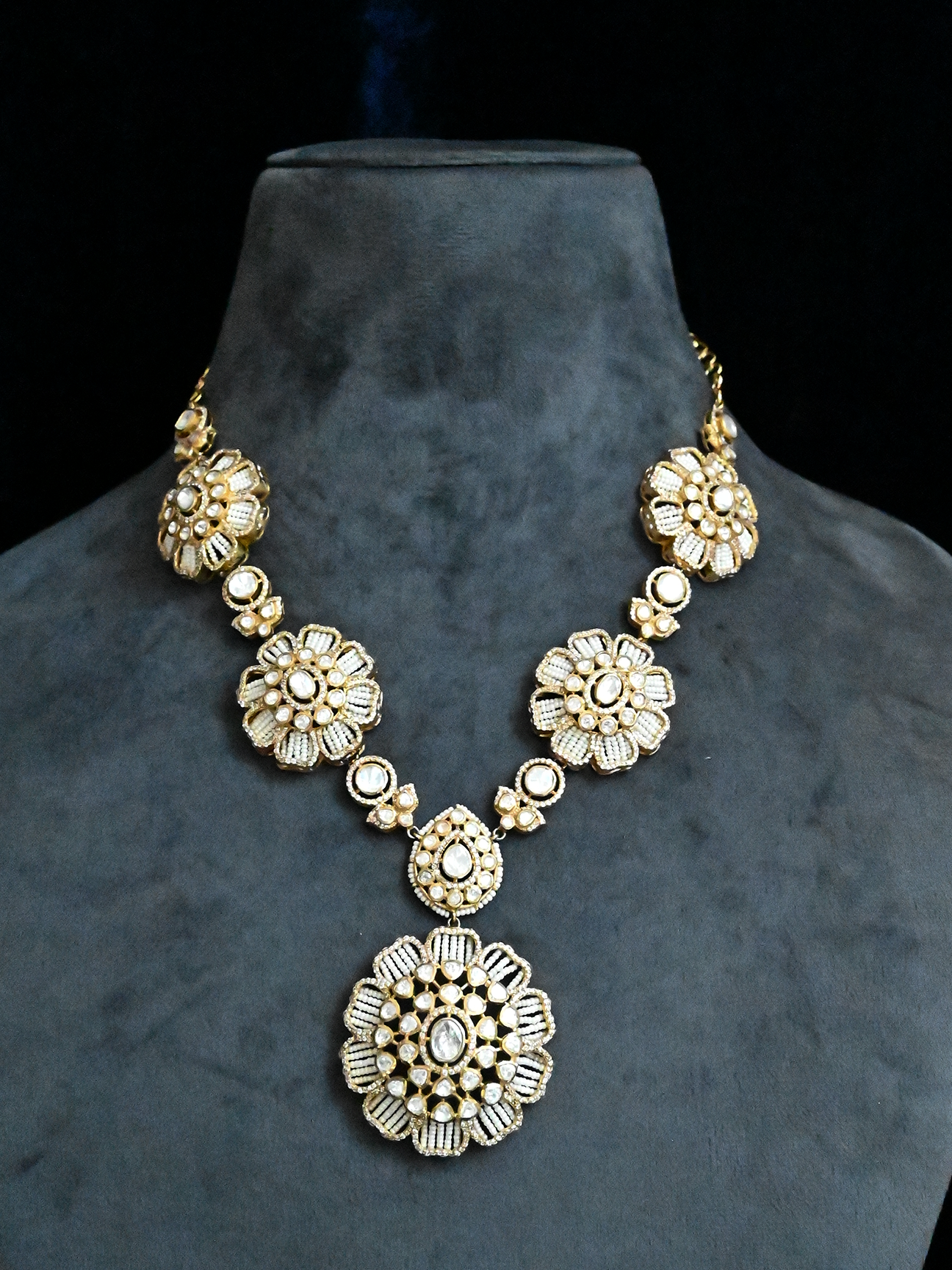 Floral Designer Gold Plated Kundan Polki Sterling Silver Necklace