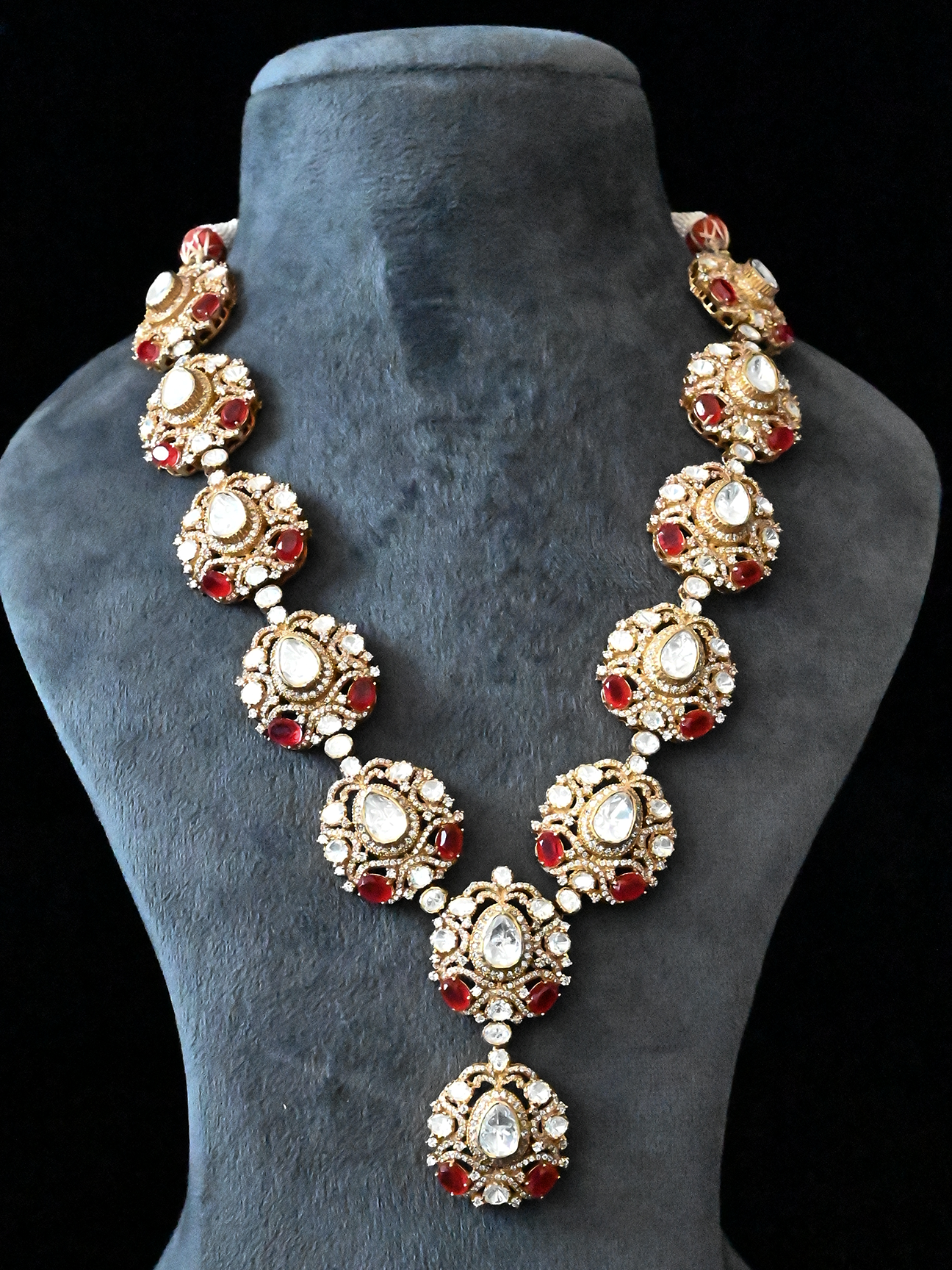 Traditional Ruby and Kundan Polki Gold Plated Sterling Silver Necklace Set