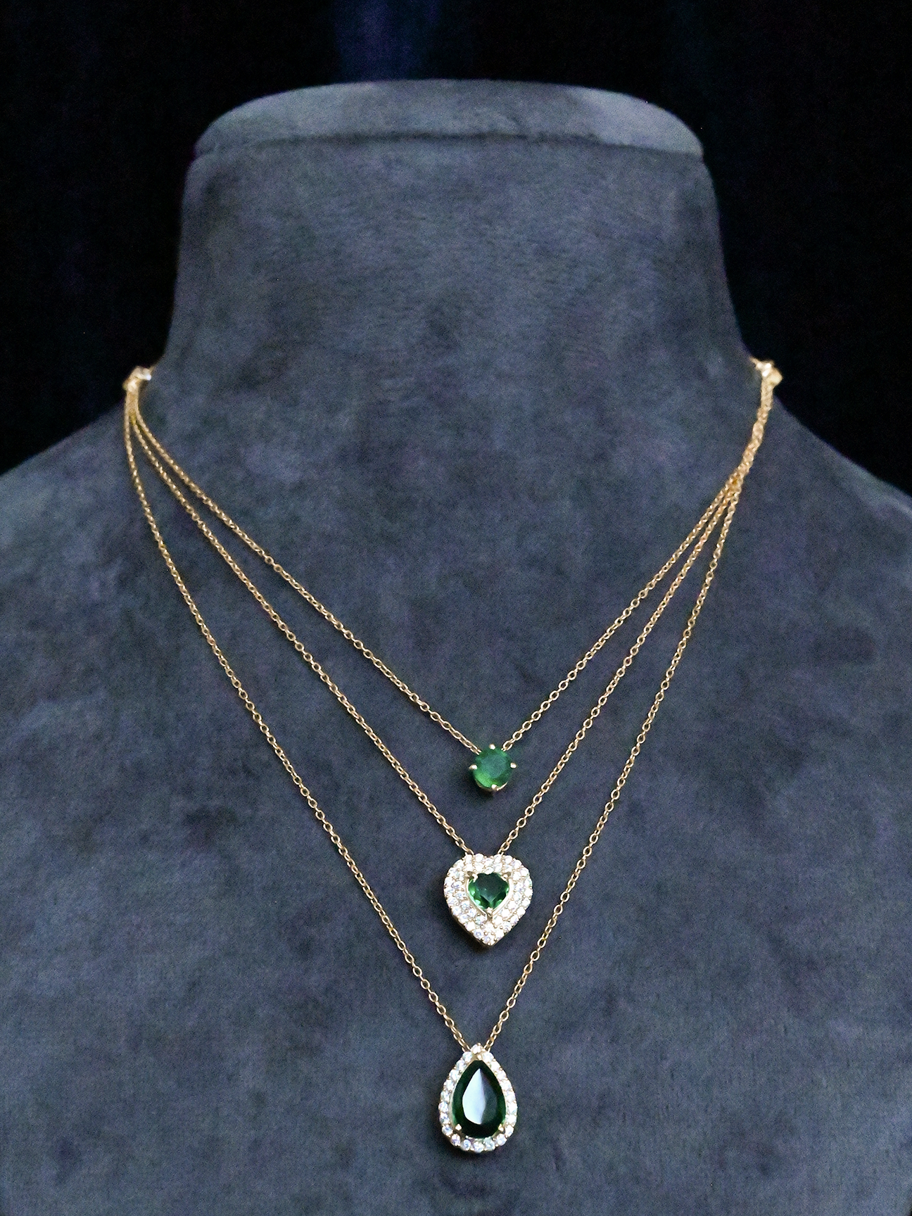 Western Style Multi Layer Gold Plated Emerald and Sterling Silver Necklace
