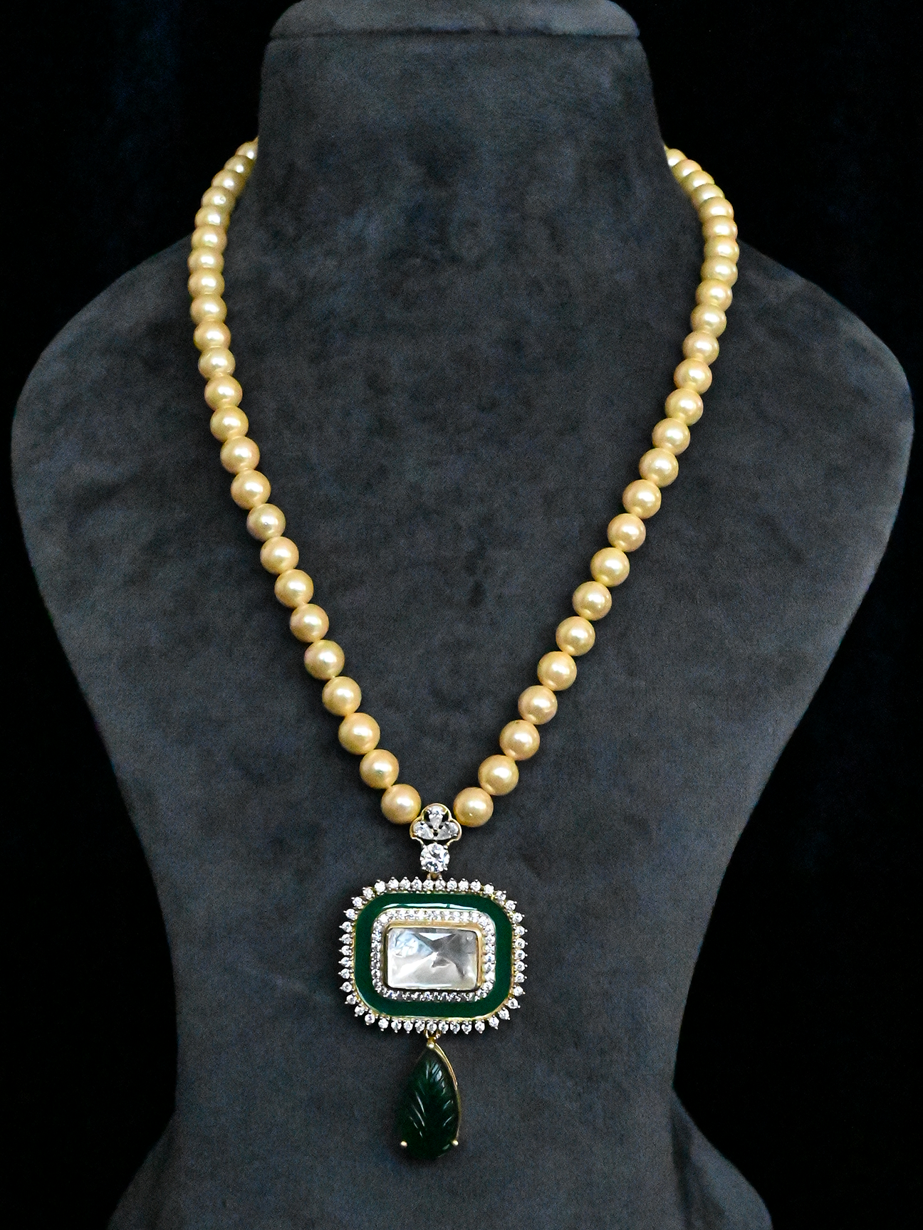 Kundan Polki and Green Enamel Gold Plated Sterling Silver Necklace