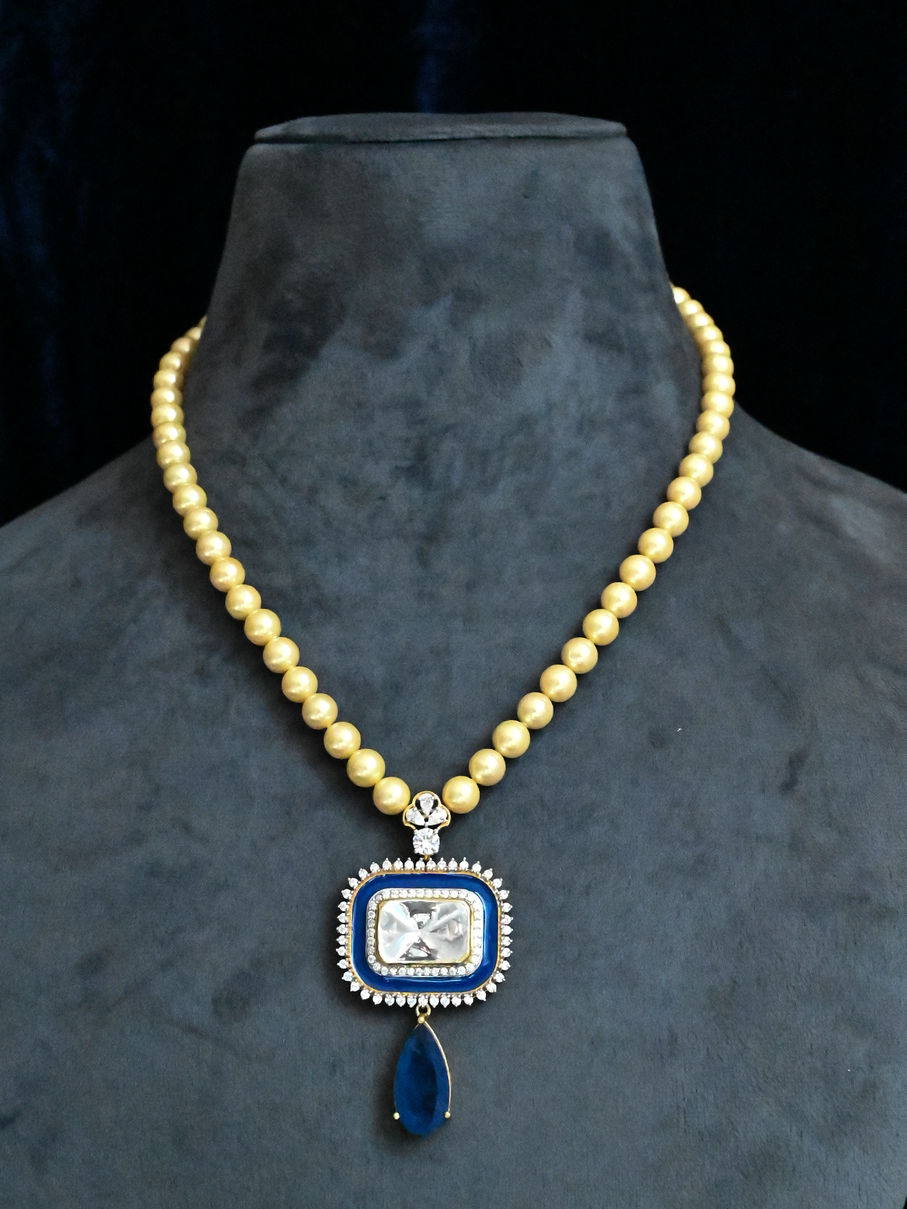 Kundan Polki Blue Sapphire and Blue Enamel Gold Plated Sterling Silver Necklace