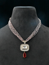 Kundan Polki Ruby and White Enamel Gold Plated Sterling Silver Necklace