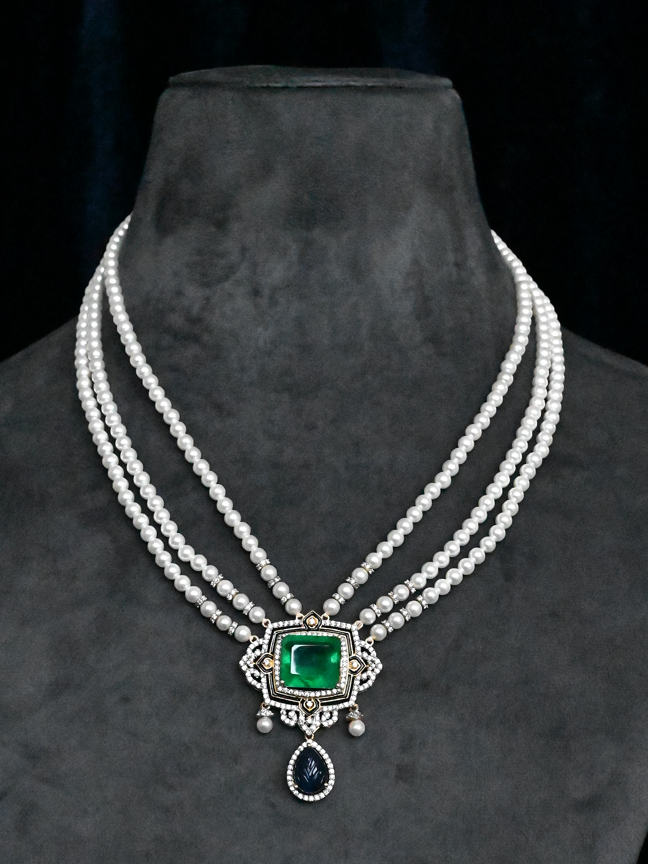 Emerald and Carving Drop Sapphire Two Tone Gold Plated Sterling Silver Necklace