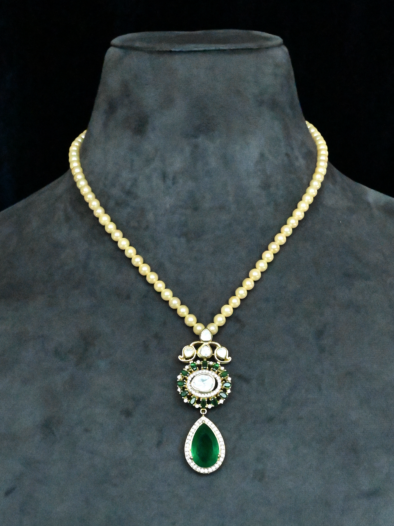 Floral Big Kundan Polki and Tear Drop Emerald Gold Plated Sterling Silver Necklace