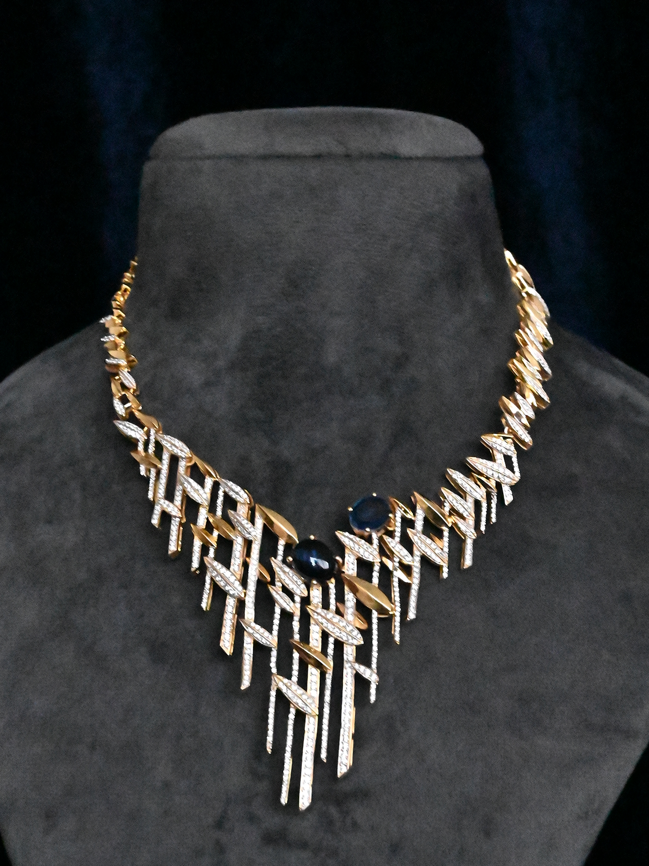 Designer Blue Sapphire Studded Two Tone Gold Plated Sterling Silver Necklace