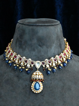 Blue Sapphire and Ruby With Kundan Polki Gold Plated Sterling Silver Necklace