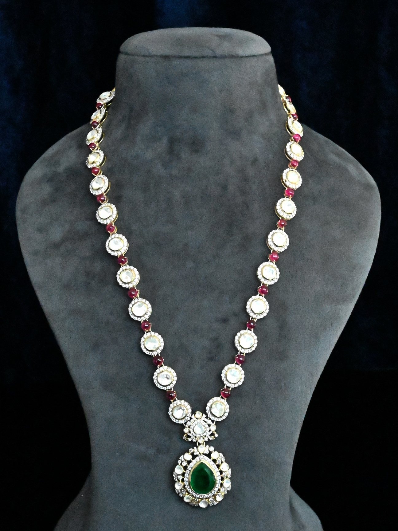 Fusion Kundan Polki and Emerald Ruby Gold Plated Sterling Silver Necklace