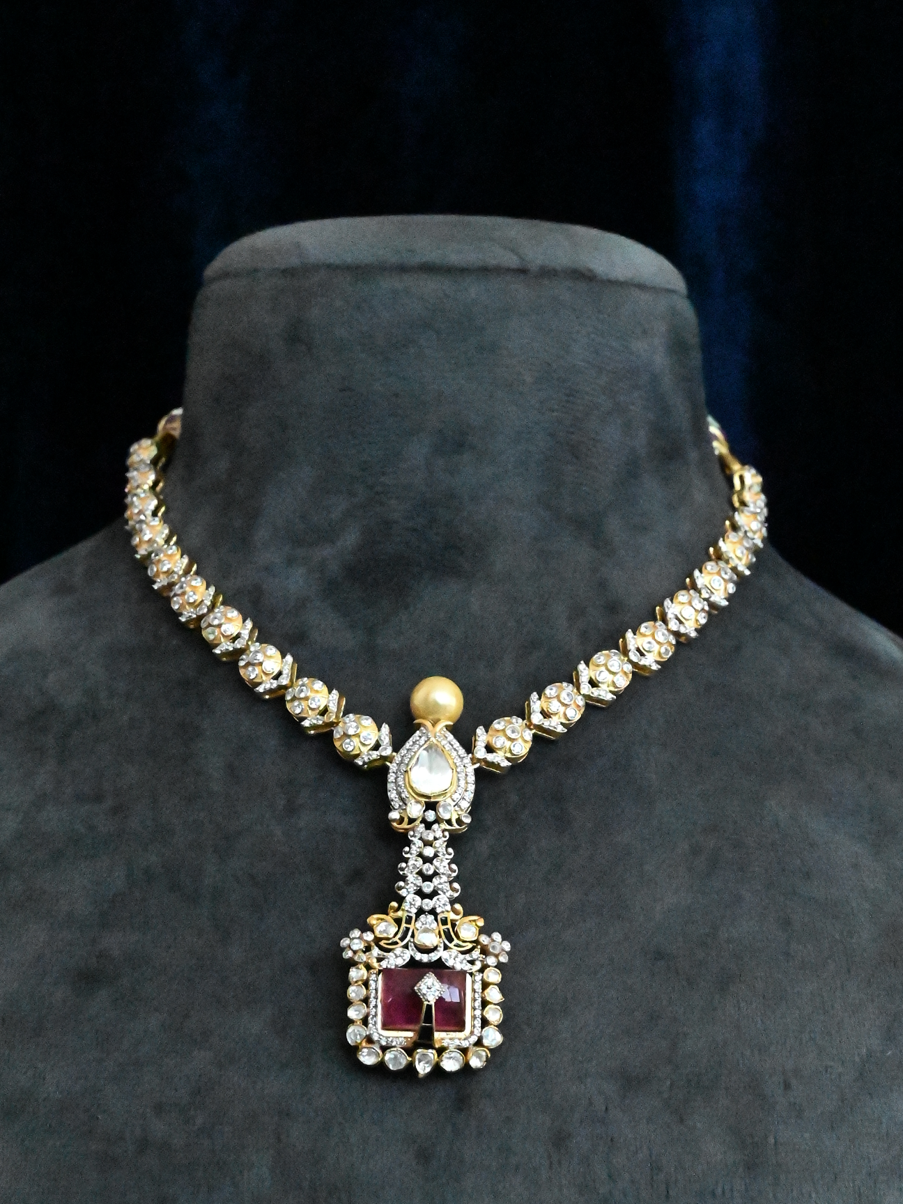 Pink Tourmaline and Kundan Polki Gold Plated Sterling Silver Necklace