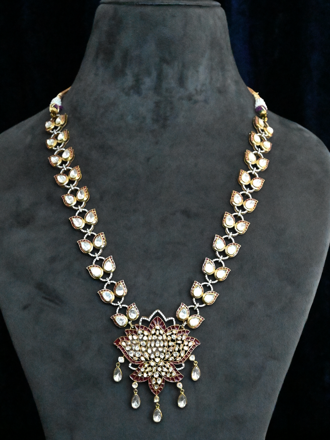 Big Lotus Flower High End Designer Kundan Polki Gold Plated Sterling Silver Necklace