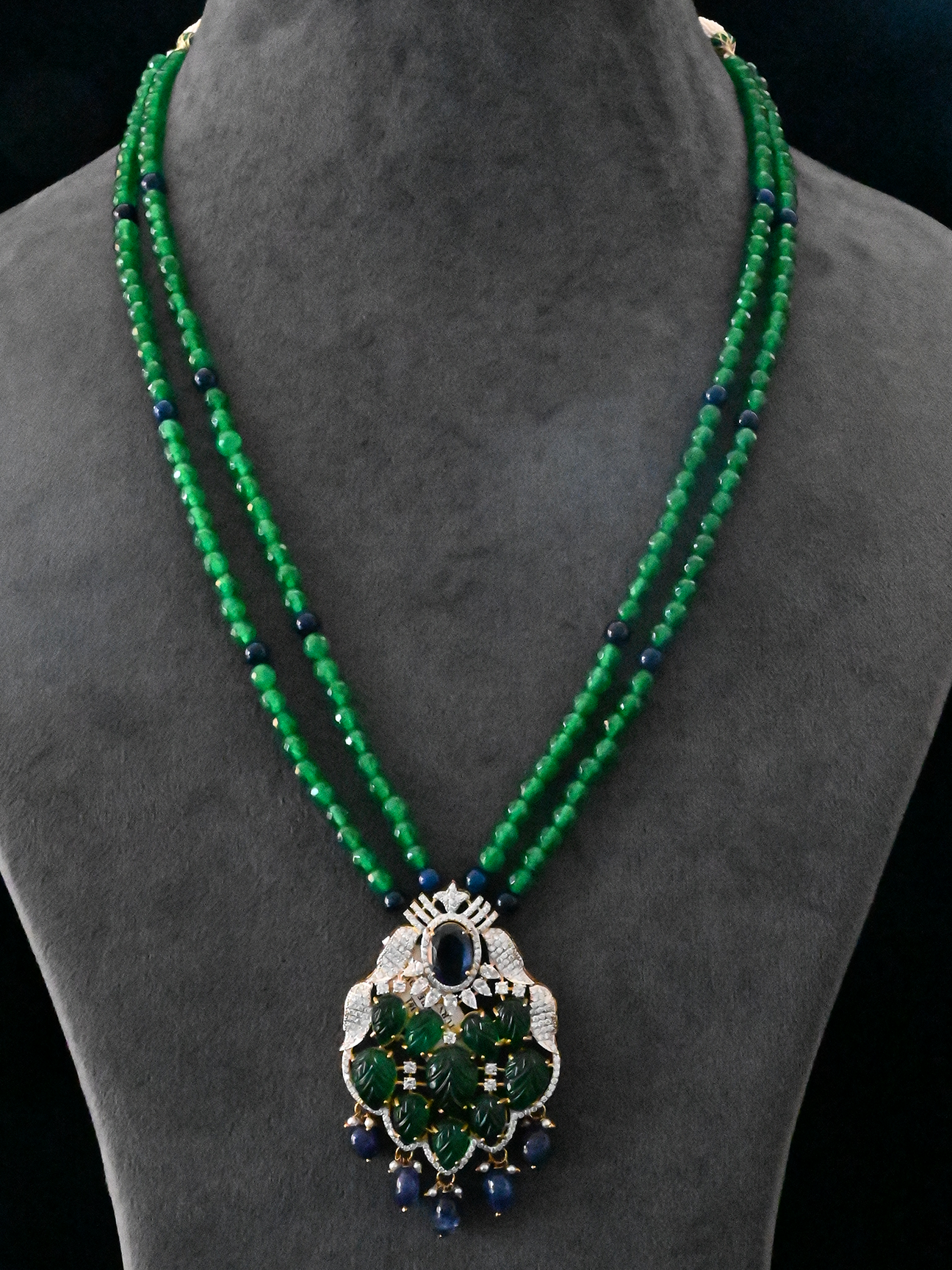 Floral Emerald Carving and Blue Sapphire Two Tone Gold Plated Sterling Silver Necklace