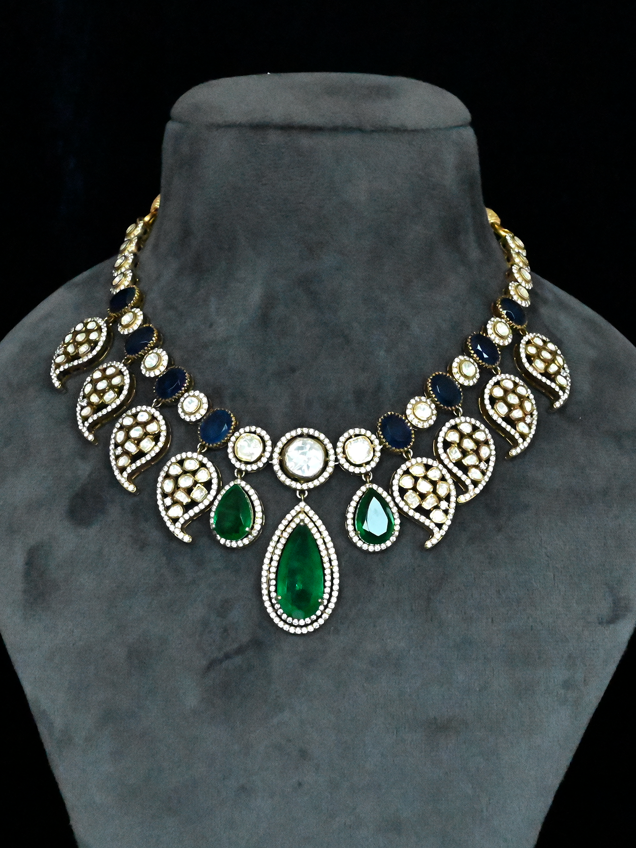 Emerald and Blue Sapphire Antique Gold Plated Sterling Silver Necklace