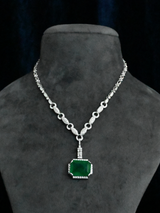 Big Emerald and Links Designer Sterling Silver Necklace