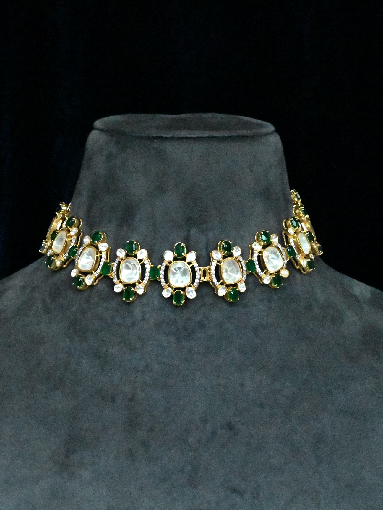 Classy Big Polki and Emerald Gold Plated Sterling Silver Necklace