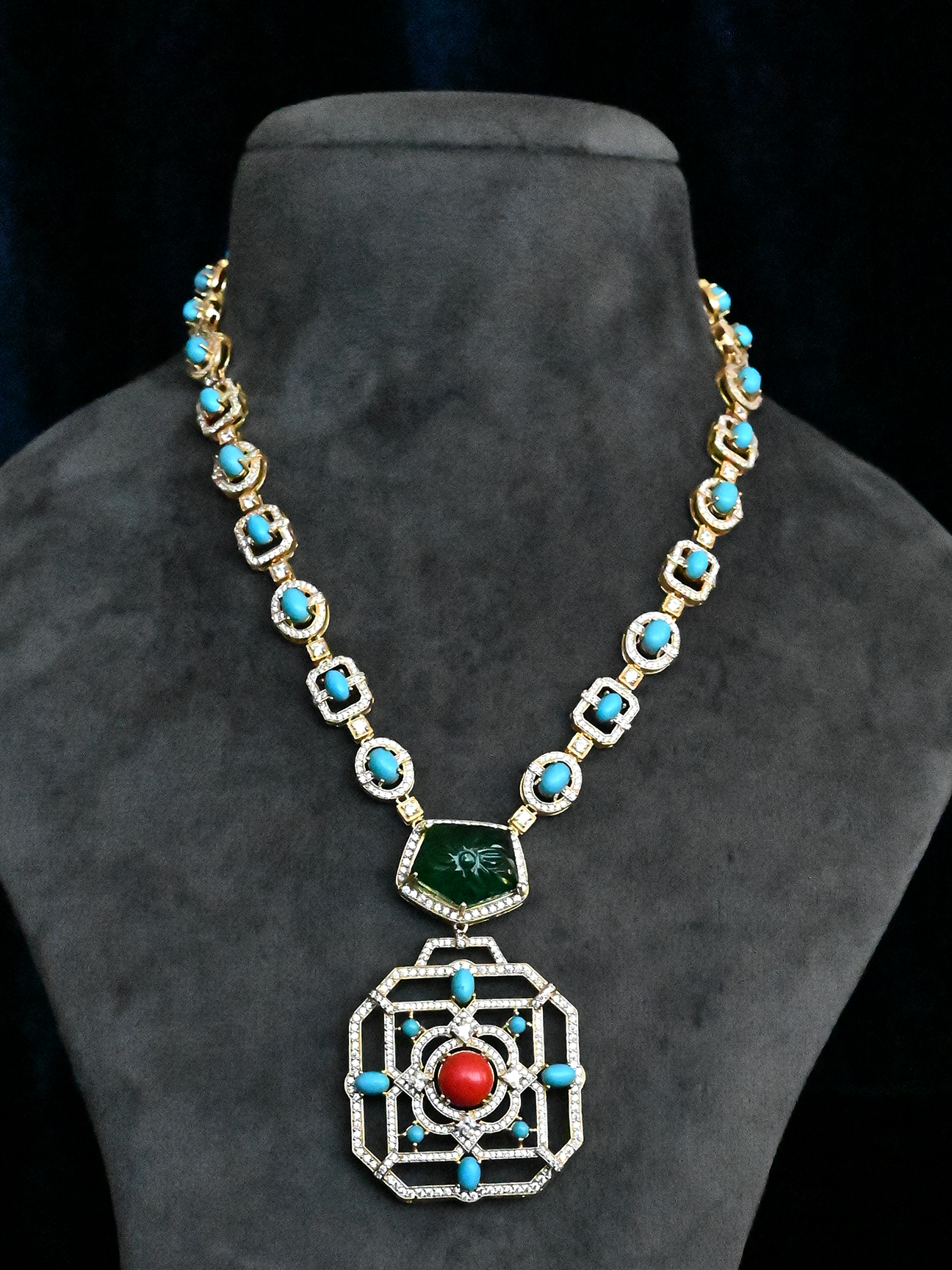 High End Designer Emerald Carving with Coral and Turquoise Two Tone Gold Plated Sterling Silver Necklace