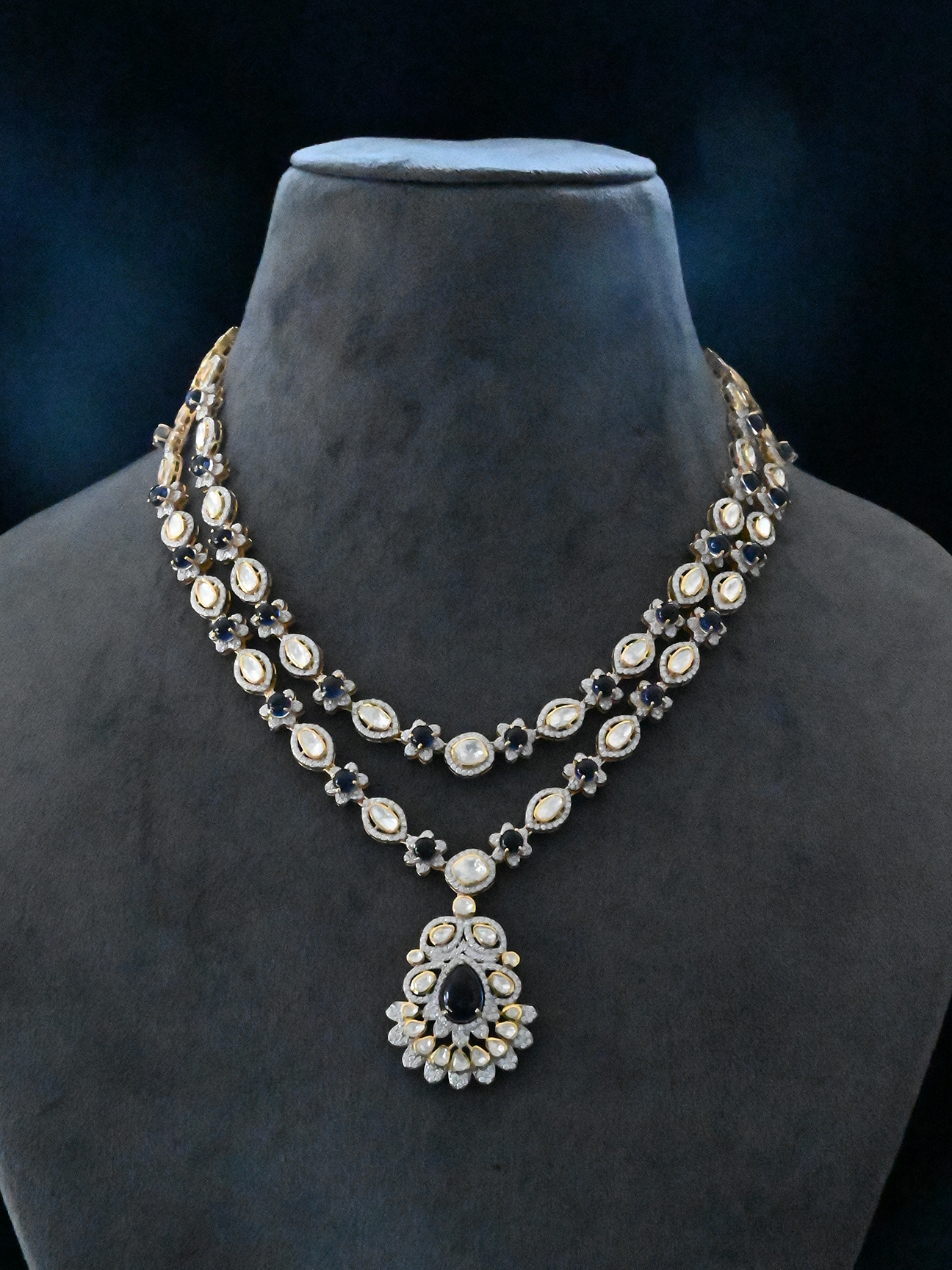 Floral Designer Blue Sapphire Gold Plated Sterling Silver Necklace