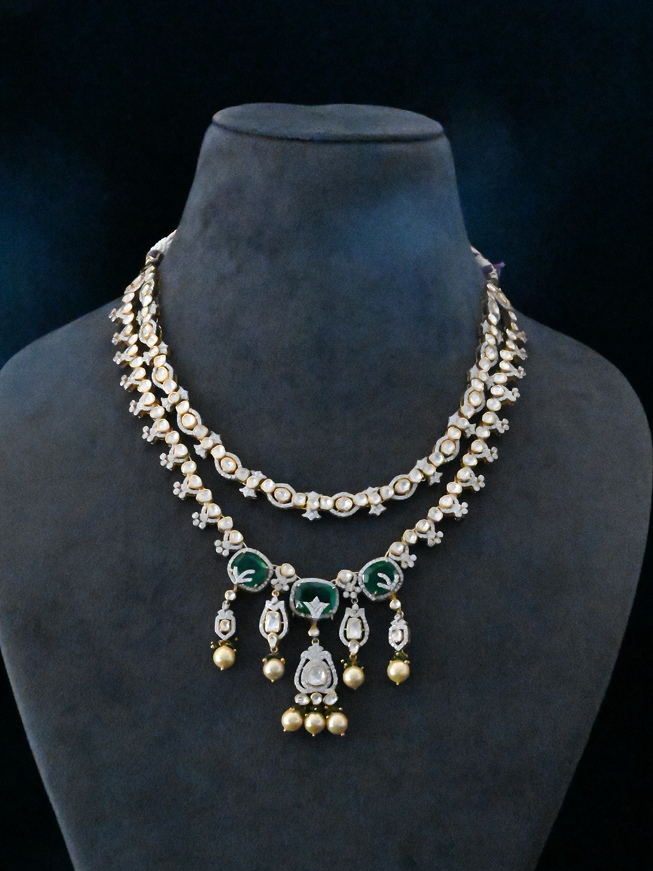 Two Line Emerald and Kundan Polki Gold Plated Sterling Silver Necklace